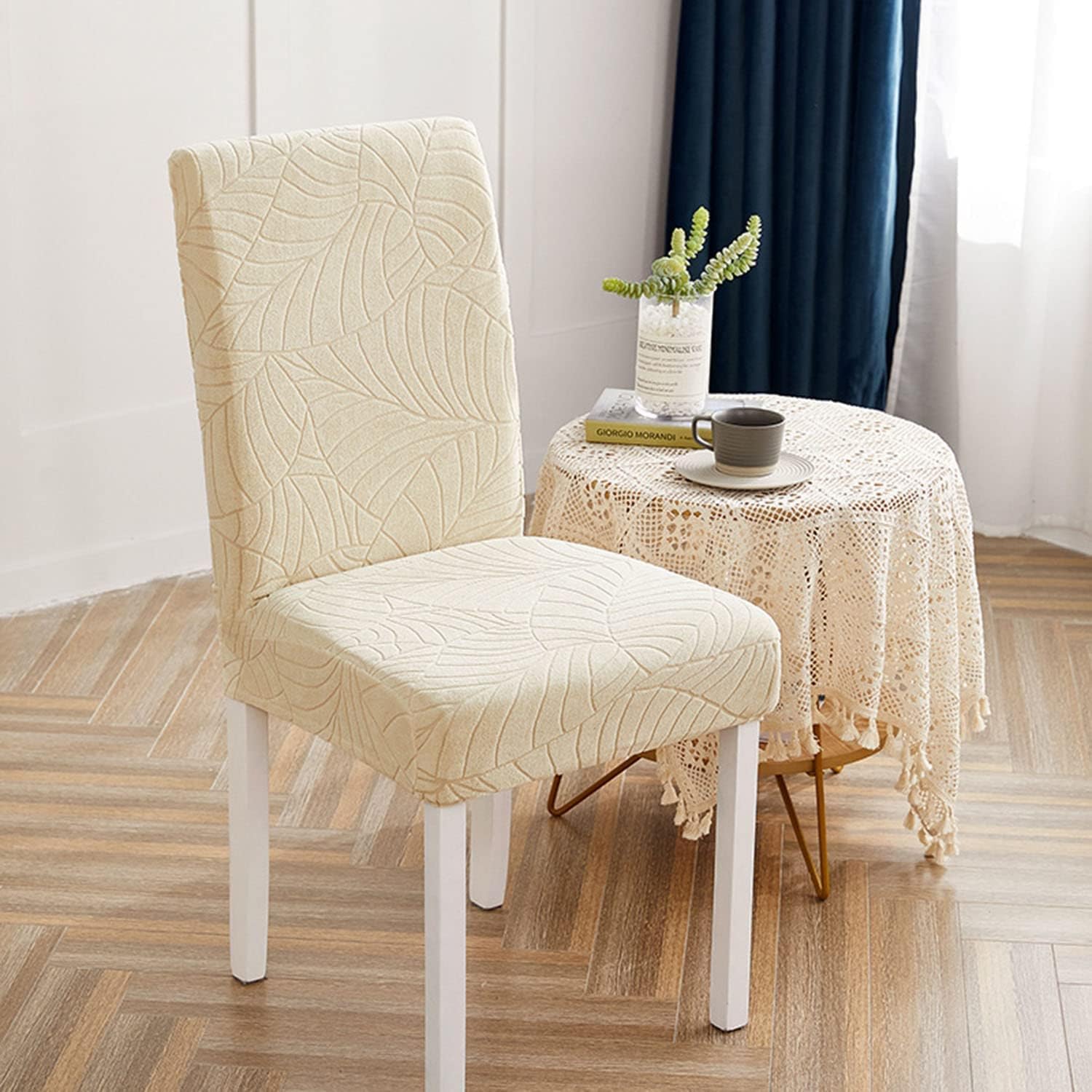YOPOIY Water Resistant Kitchen Chair Slipcovers, Jacquard Patterned Dining Room Chair Covers 2 4 6 PCS Parsons Chair Covers Protector for Livining Room Home Decor-Beige-2 Pack