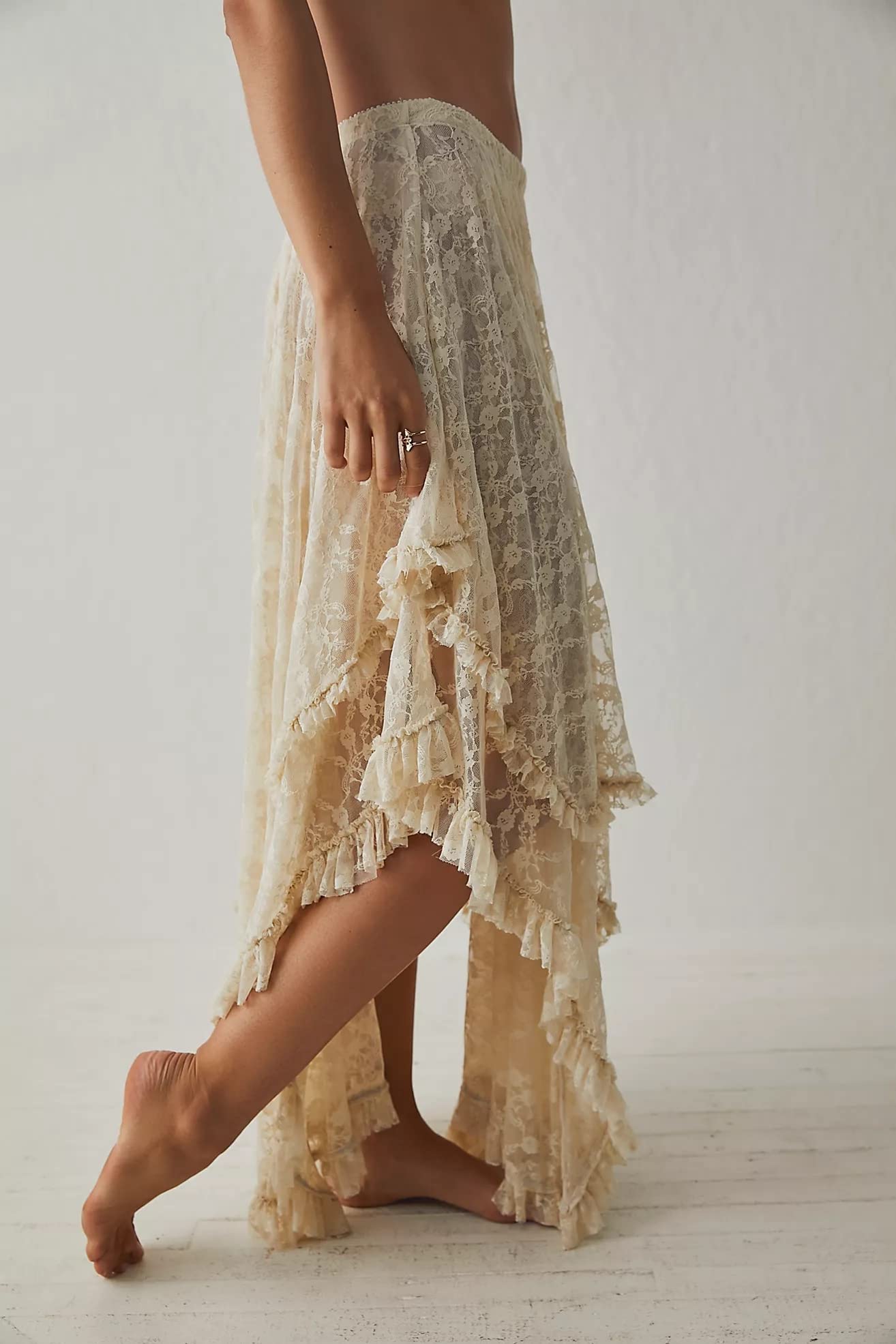 R.Vivimos Femmes d'été bohème Dentelle Beach burket Jupe Longue Semi Transparente Swing Volante irrégulière Ourlet Jupe Longue
