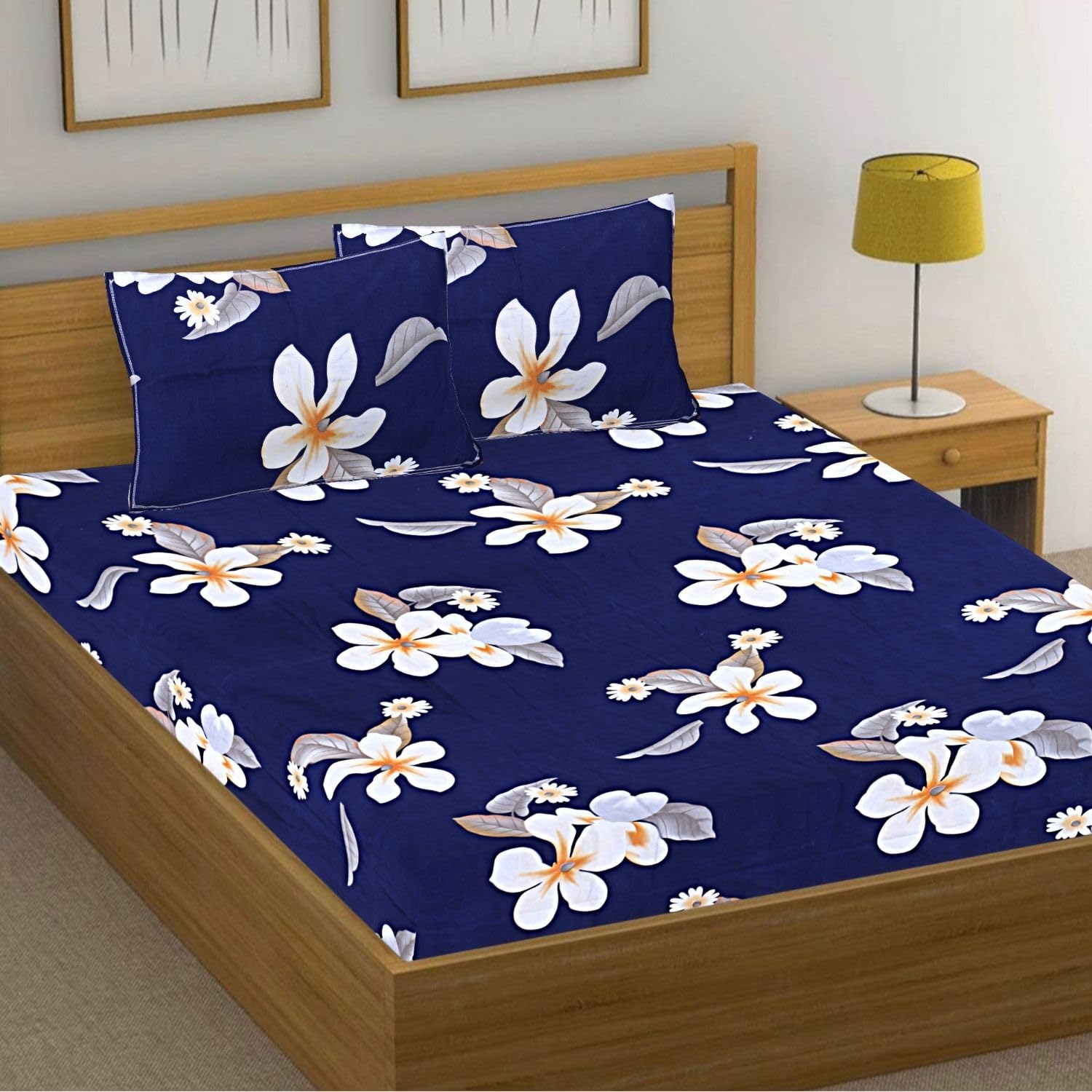 Dream Layes Pure 100% Cotton Double Bedsheet with 2 Pillow Covers Soft and Attractive bedsheet - Gulf Blue, Floral