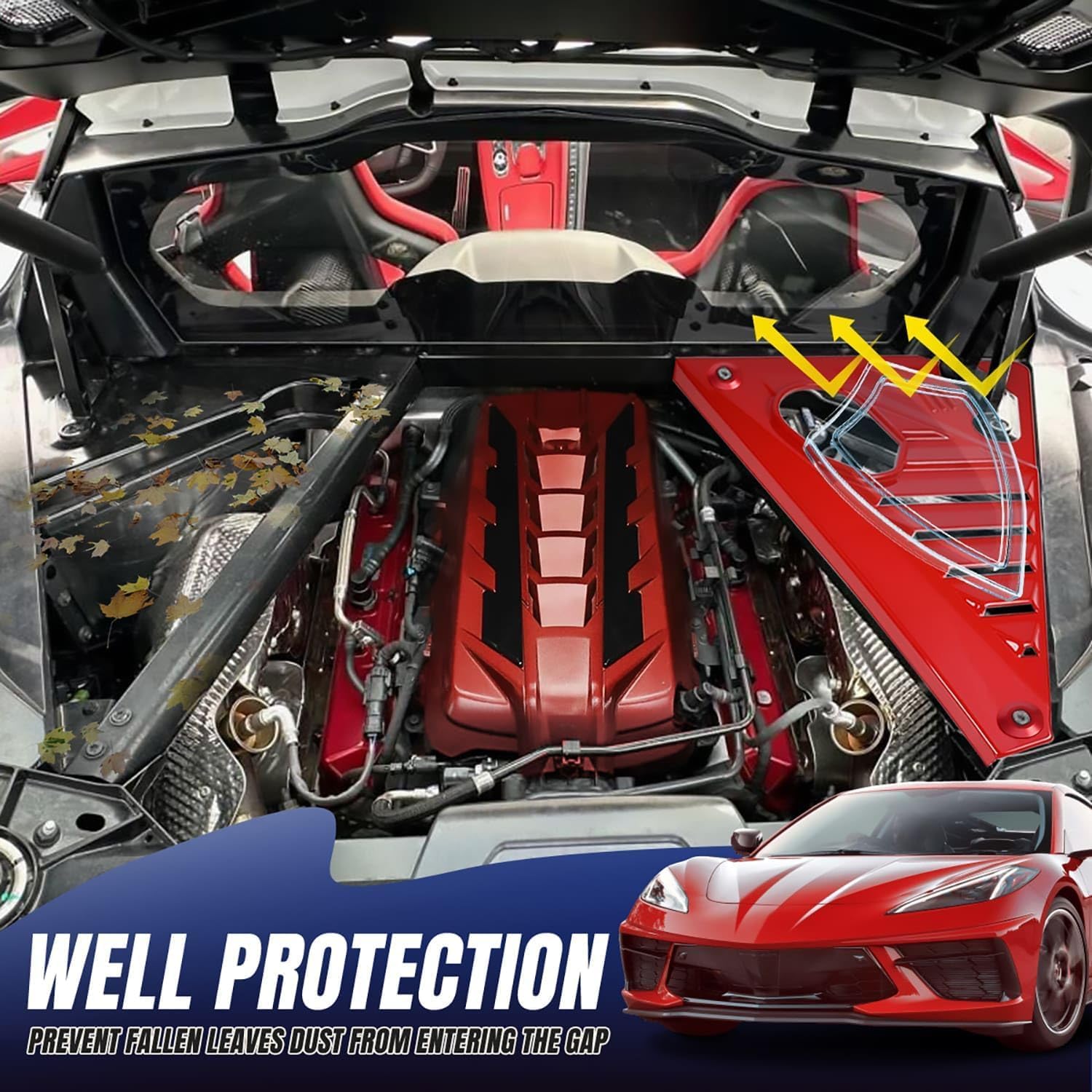 2Pcs Upgraded Gloss Red Rear Engine Bay Cover Package, Left Right Engine Filler Panels Compartment Engine Case Guard Splash Shield Protector for Corvette C8 Stingray Z51 2020+