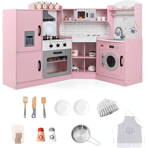 Corner Wooden Play Kitchen Set for Kids w/Lights & Sounds, Toy Kitchen Set w/Chef Suit Set, Toddler Kitchen w/Ice Make, Washing Machine, Microwave, Sink, Kids Kitchen Playset for 3+ Toddlers, Pink