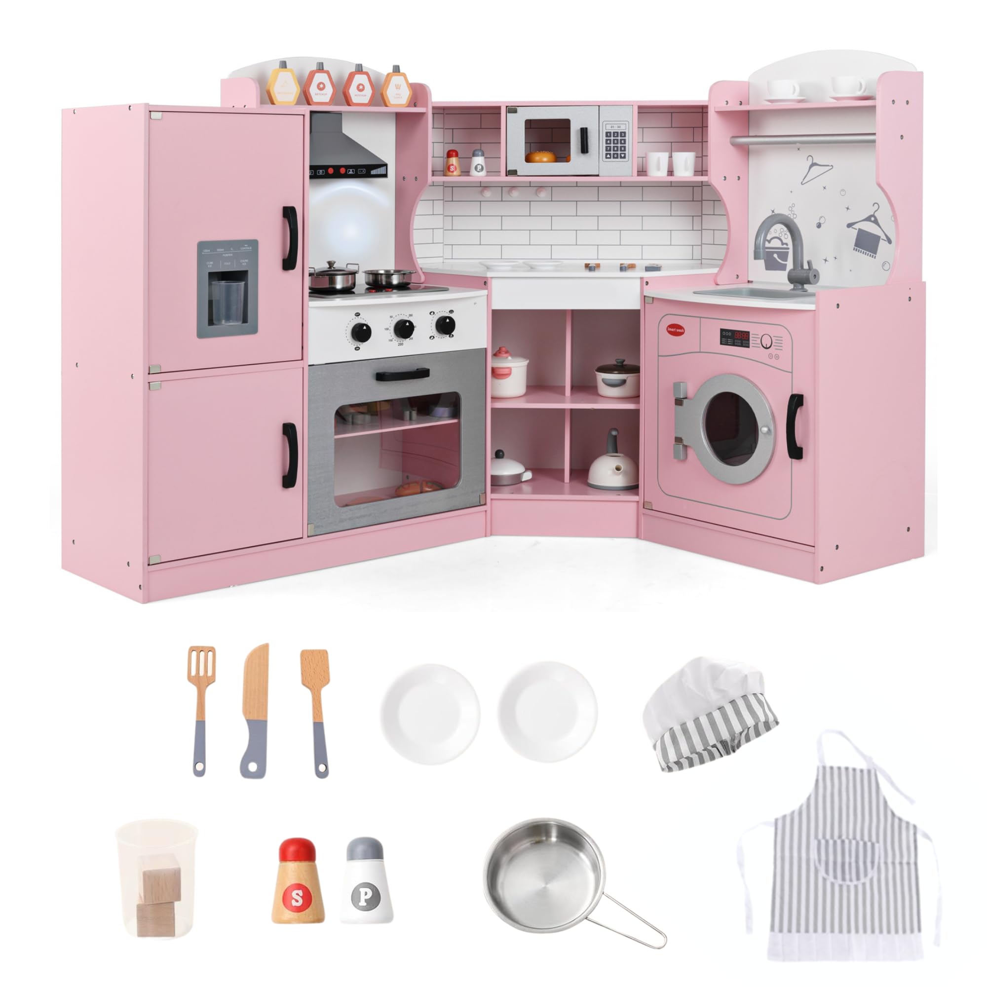 Corner Wooden Play Kitchen Set for Kids w/Lights & Sounds, Toy Kitchen Set w/Chef Suit Set, Toddler Kitchen w/Ice Make, Washing Machine, Microwave, Sink, Kids Kitchen Playset for 3+ Toddlers, Pink