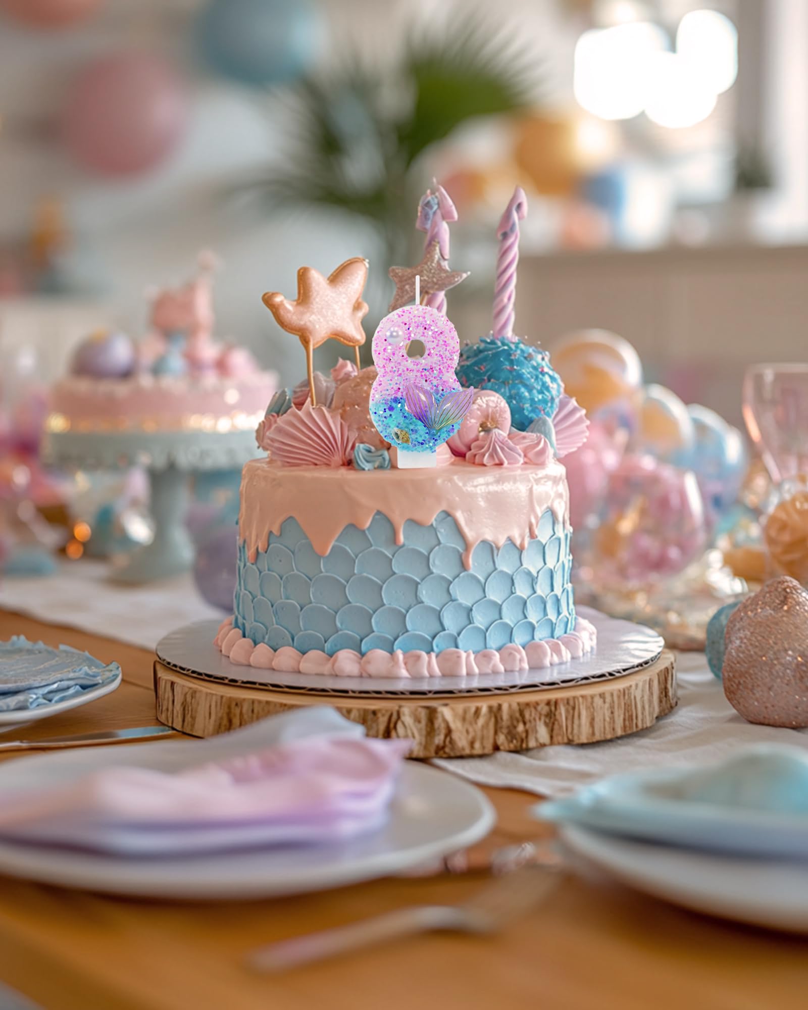 Velas de cumpleaños con temática de sirena, suministros de fiesta de cumpleaños con purpurina número 8, decoración de fiesta de aniversario, decoración de pastel de 2.8 pulgadas (temática de sirena
