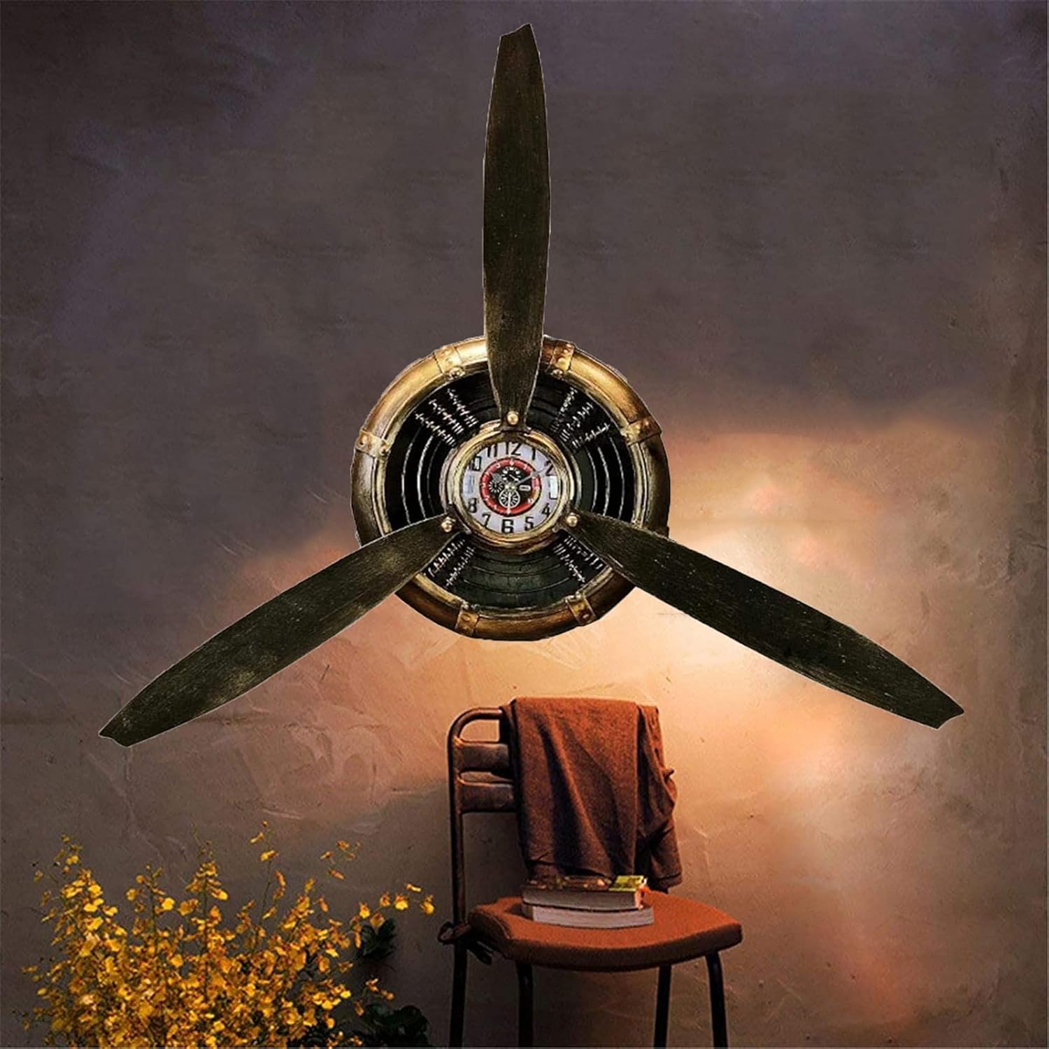 Metal Vintage Industrial Wall Art Clock, Propeller Wall Decor