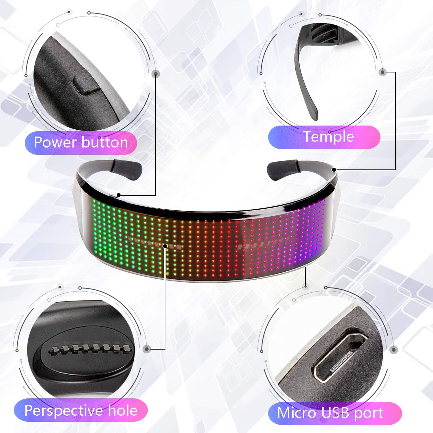 Leadleds Customizable Bluetooth LED Glasses for Raves, Festivals, Fun, Parties, Sports, Costumes, EDM, Flashing