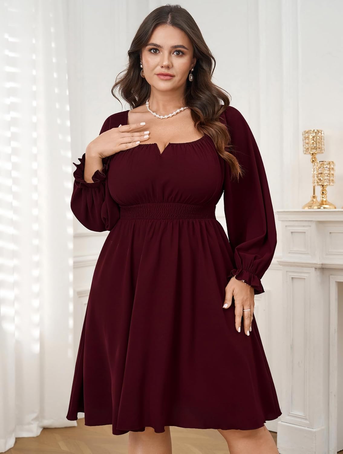 Womens Plus Size Cocktail Dress Fall Off Shoulder Long Sleeve Square Neck Smocked Waist Flowy A Line Short Dress - Image 6