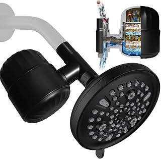 6 Inch Shower Head with Filter - 9 Spray Modes Fixed Water Saving Shower Heads with 2.5 GPM Restrictor, Hard Water Filtering Shower Head to Remove Toxic Chemicals, Matte Black