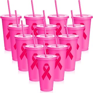 LemonRoad 12 Set Breast Cancer Awareness Plastic Cups for Women 24 oz Pink Ribbon Reusable Plastic Tumblers with Flat Lids and Straws Breast Cancer Awareness Rose Pink Water Cups Women Survivors Gifts