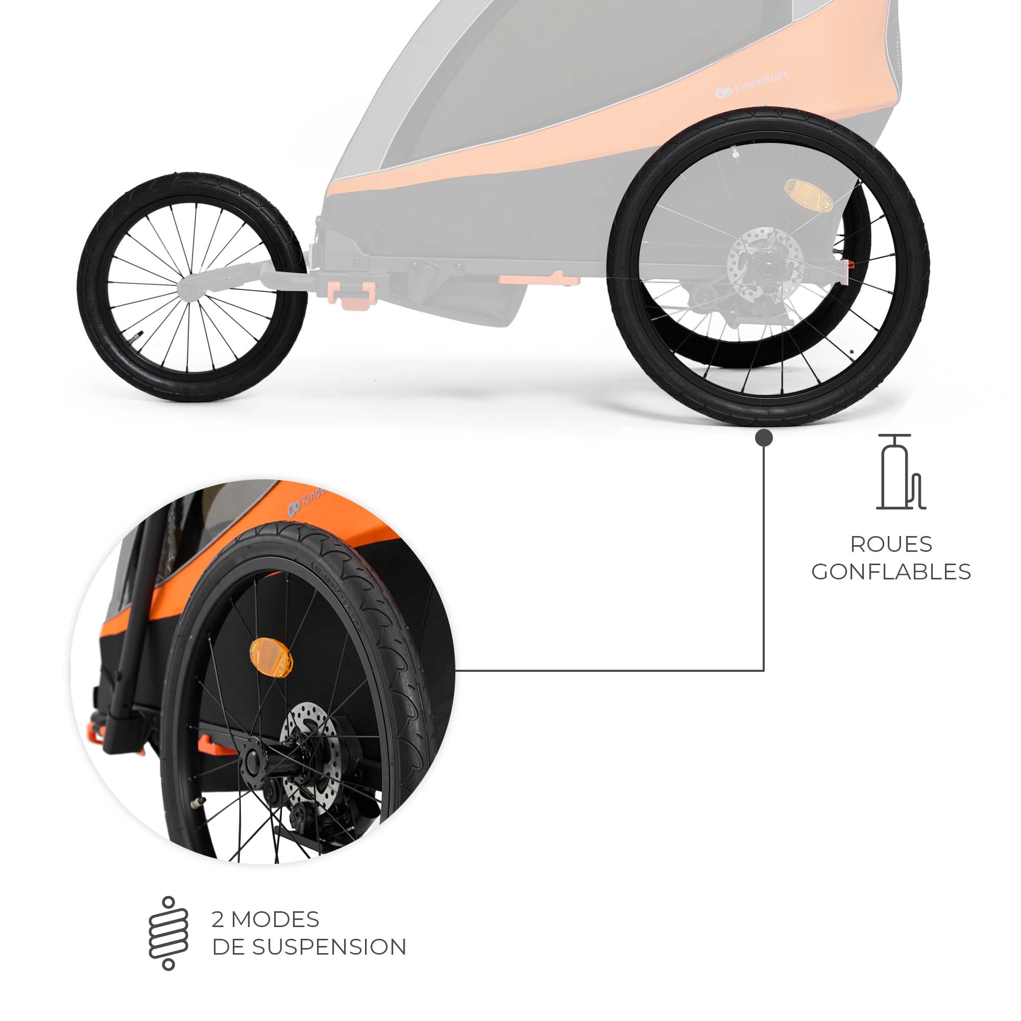 Kinderkraft NAVA 3-en-1, Remorque pour enfants Poussette, Jogger, Landau, Remorque à vélo, pour un ou deux Enfants, 2x22kg, Protection contre la pluie, Protection Contre les insectes, Orange