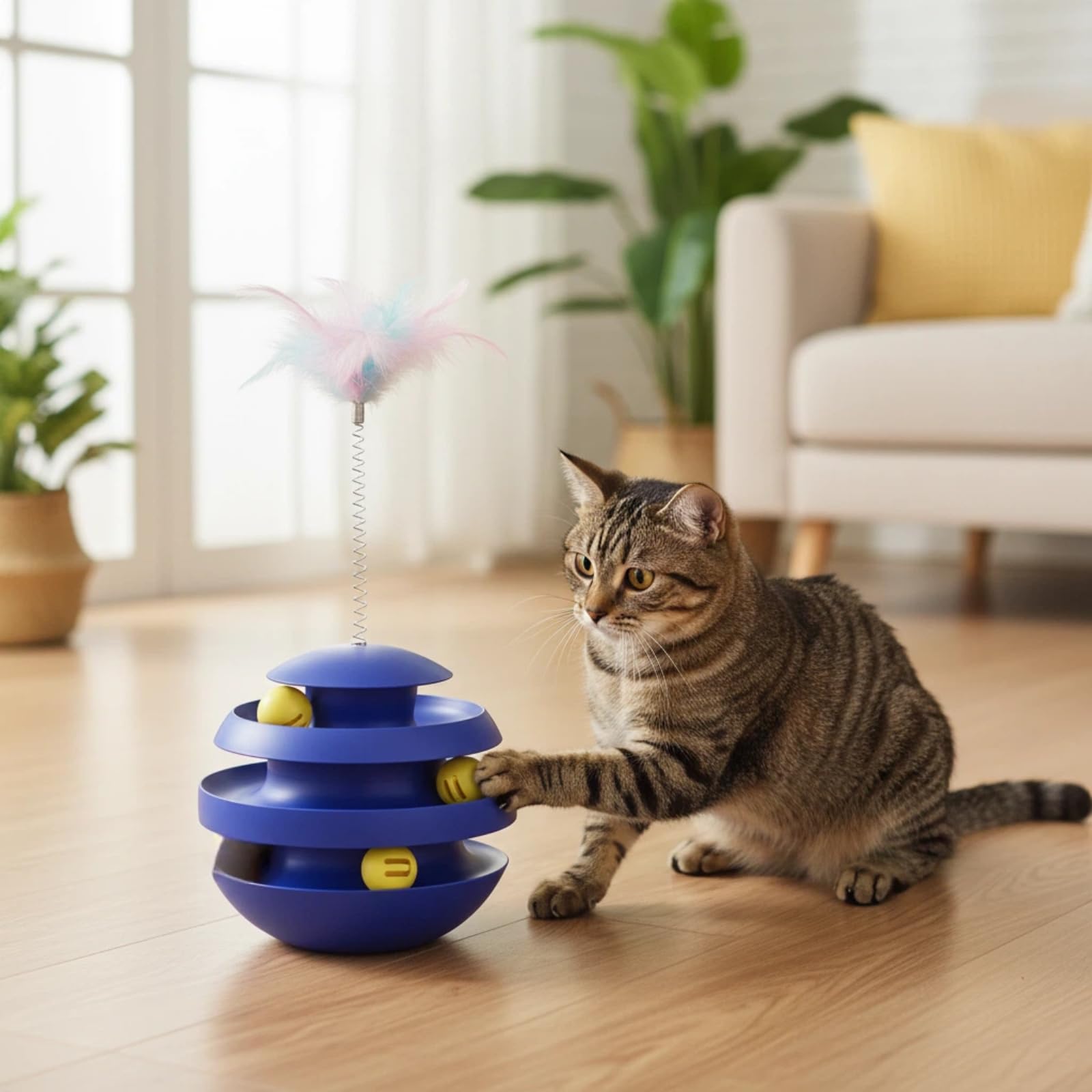 Interaktives Katzenspielzeug für Indoor-Katzen, Wackeln, rotierender Spaß-Tunnel-Ball mit Federstäbchen für gelangweilte Indoor-erwachsene Hunde und Katzen, um alleine zu spielen, zu