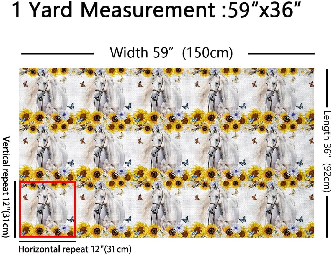 White Horse Fabric by The Yard Sunflower Upholstery Fabric Dragonfly Butterfly Decorative Fabric Yellow Floral Indoor Outdoor Fabric for Adult Boy Girls, Waterproof Quilting Sewing 3 Yards
