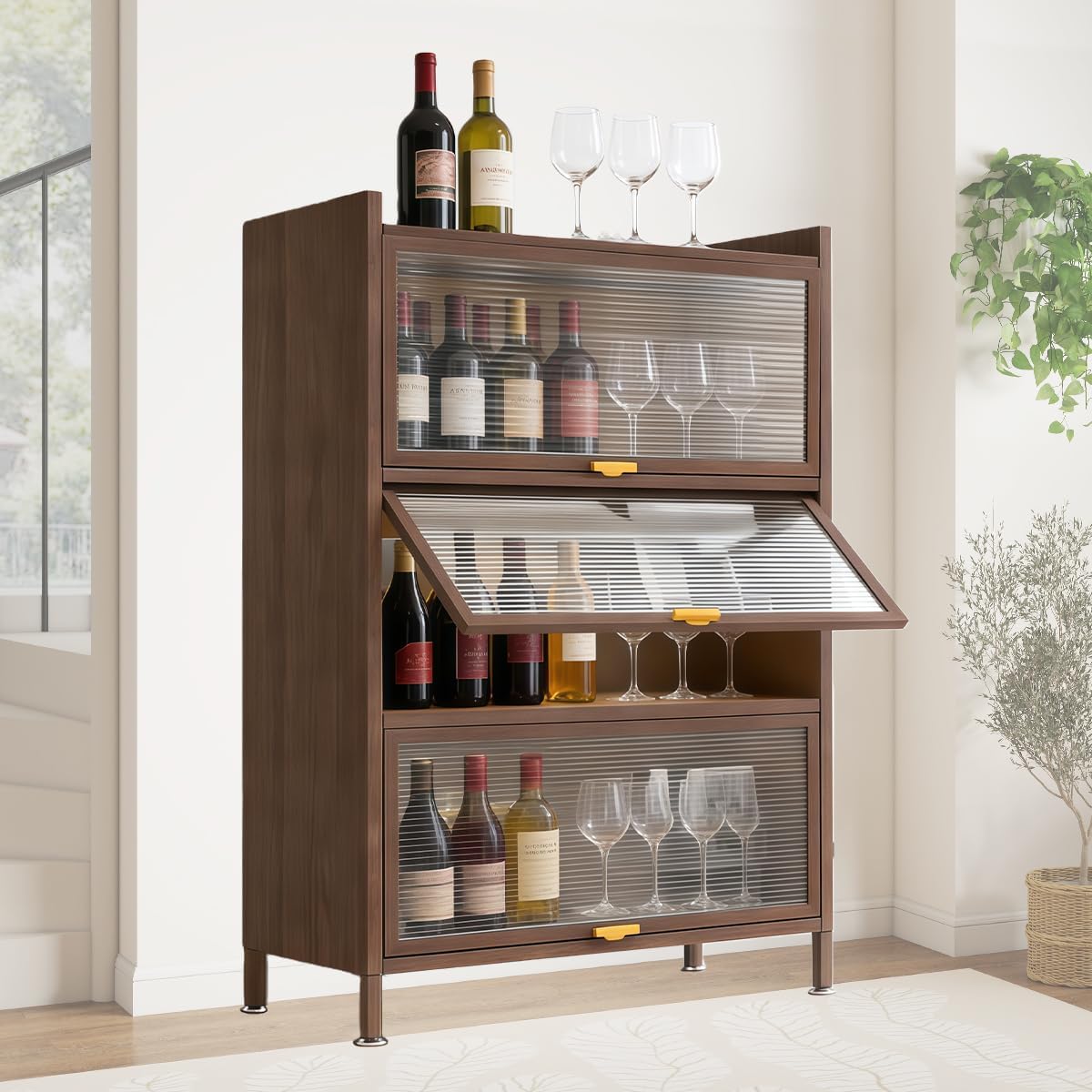 Whiskey Shelf, Wine, 3 Tiers, Width 31.5 x Depth 13.8 x Height 44.1 inches (80 x 35 x 112 cm), Wine Rack, Steel, 1 Tier, Load Capacity: Approx. 110.2 lbs (50 kg), Wine Bar Cabinet, Clear