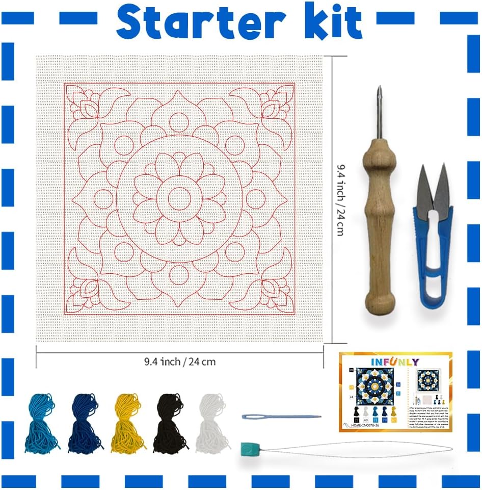 INFUNLY Mandala Punch Needle Kit Blue White DIY Embroidery Punch Needle Set for Adults Square 9.4" Punches Stitching Starter Kits with Easy to Follow Instructions Yarns Fabric Festival Gift Home Decor