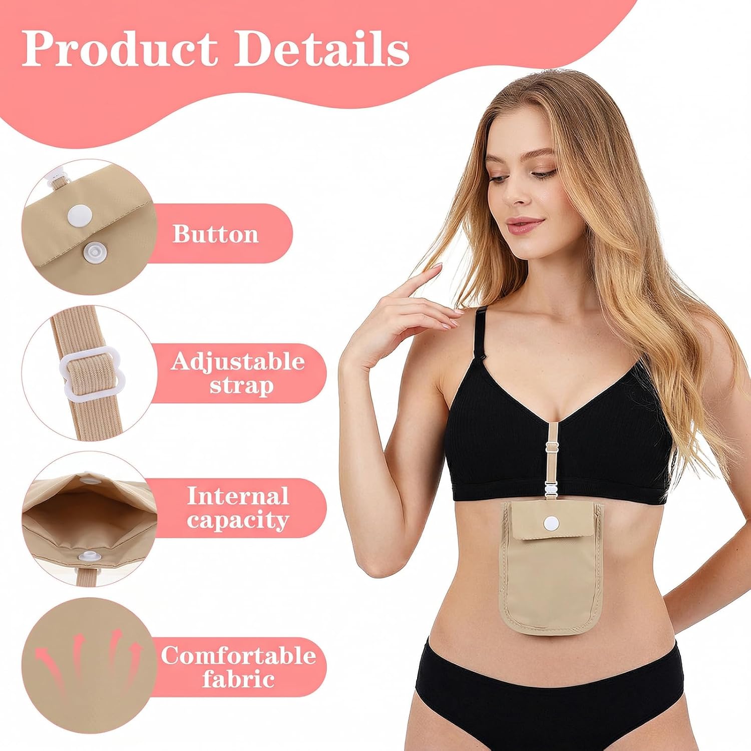 Undercover Bra Wallet, Hidden Travel Pouch with Adjustable Elastic Strap, Secret Stash Pocket for Passport, Credit Cards, Money and Valuables (Khaki)