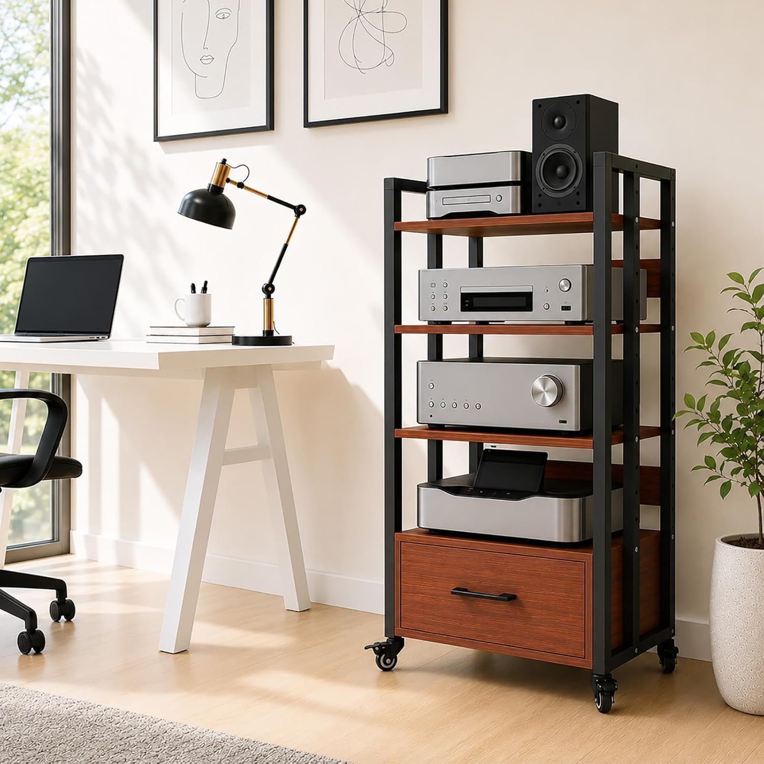 4-Tier Audio Rack with Wheels, Adjustable AV Media Stand for Stereo Components,Heavy Duty Stereo Cabinet with Storage Drawer, Open Airflow Shelves, Stereo Stand for Living Room and Home Theater