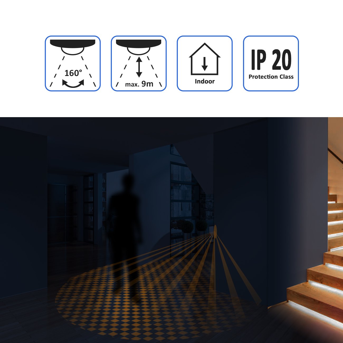 deleyCON 4X Infrarrojos Detector de Movimiento Empotrado Montaje en Pared Interno Control de Luz 160° Área de Trabajo Alcance de 9m Sensor de Luz Integrado Blanco