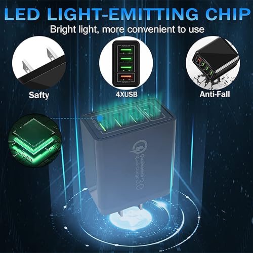 Miniatura 3 de Cargador USB 40W QC3.0 Cargador de pared USB, CARZONJX 5V3.1A Cargador rápido de 4 puertos con luz LED Bloque de carga rápida para iPhone 17 16 15