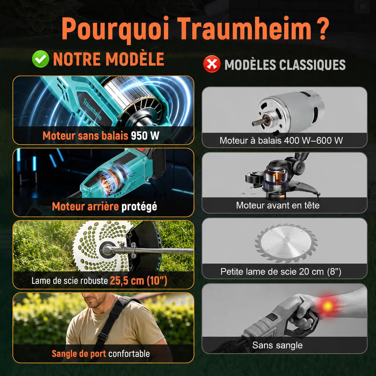 Tap&Go Débroussailleuse avec batterie 4 en 1 pour batteries Makita, débroussailleuse sans balais 950 W avec brosse à mauvaises herbes de 15 cm, Tap&Go, 2 batteries de 4,0 Ah, coupe-bordures