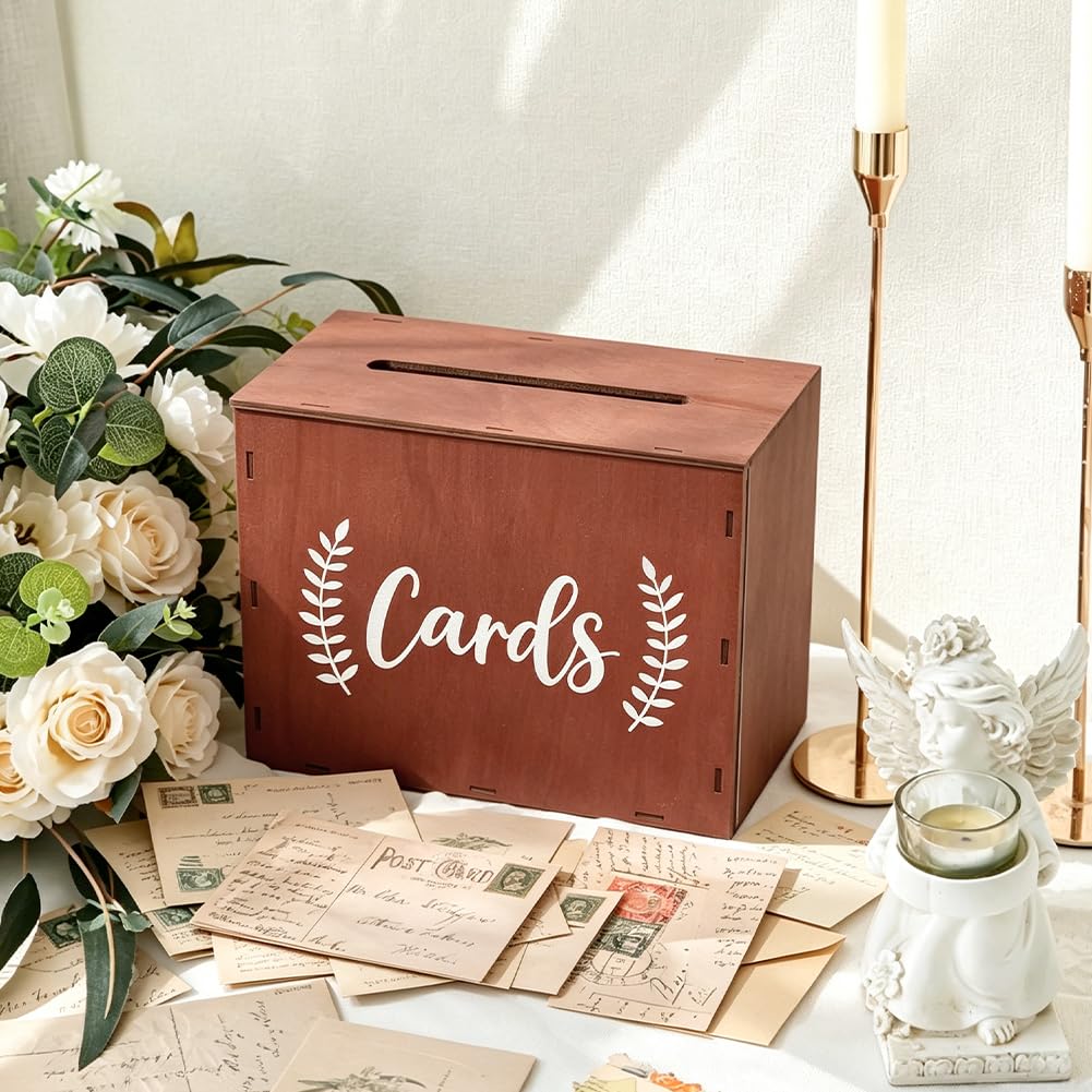 SUPERFINDINGS Caja de madera para tarjetas de boda, para recepción, rústica, sobre de dinero, regalo, con ranura, 30 x 18 x 30 cm, para bodas, graduaciones, cumpleaños, baby shower, decoración