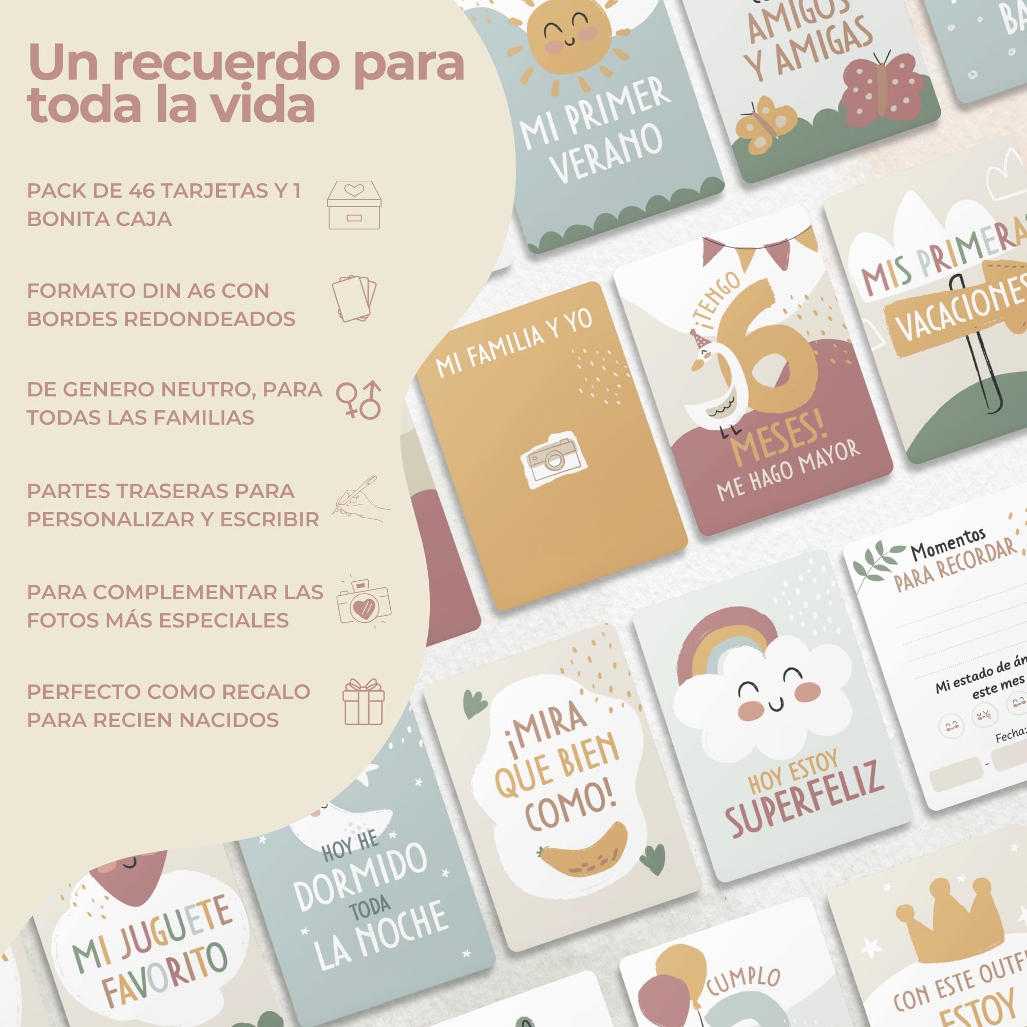 HUBORNS – Tarjetas cumple mes bebé “Mis primeras veces”, set de 46 tarjetas para fotos y recuerdos, regalo original para recién nacidos y padres primerizos con caja premium de regalo