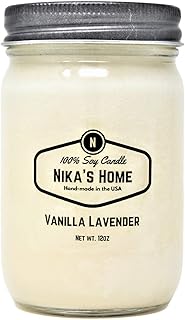 Nika's Home Vanilla Lavender Soy Candle - 12oz Mason Jar - Non-Toxic - Hand Poured in The USA, Long Burning 50-60 Hours Highly Scented All Natural, Clean Burning