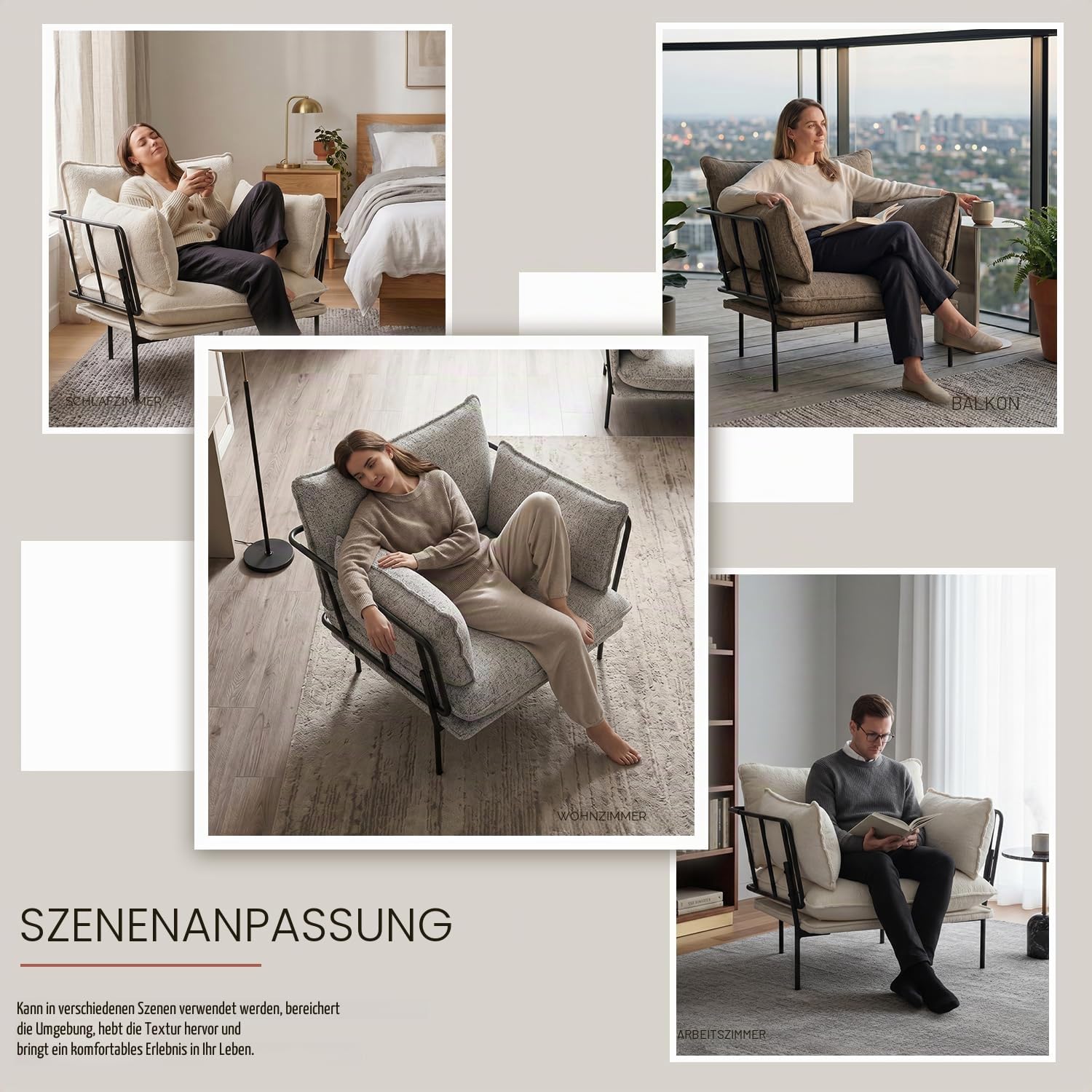 Bouclé Loungesessel mit Metallbeinen – gepolsterter Akzentstuhl als Lesesessel, Wohnzimmerstuhl, Schlafzimmerstuhl & Balkonstuhl, moderner Polstersessel für Entspannung (Creme, 1 Stück)