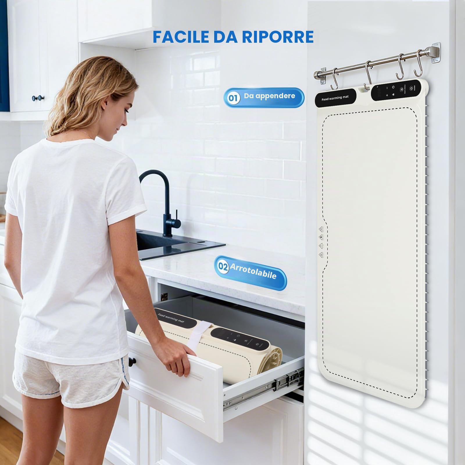 Warming board 10S - Tappetino riscaldante per alimenti e piastra termica, grande tappetino elettrico con 7 tempi e 8 impostazioni timer, in silicone flessibile, colore bianco
