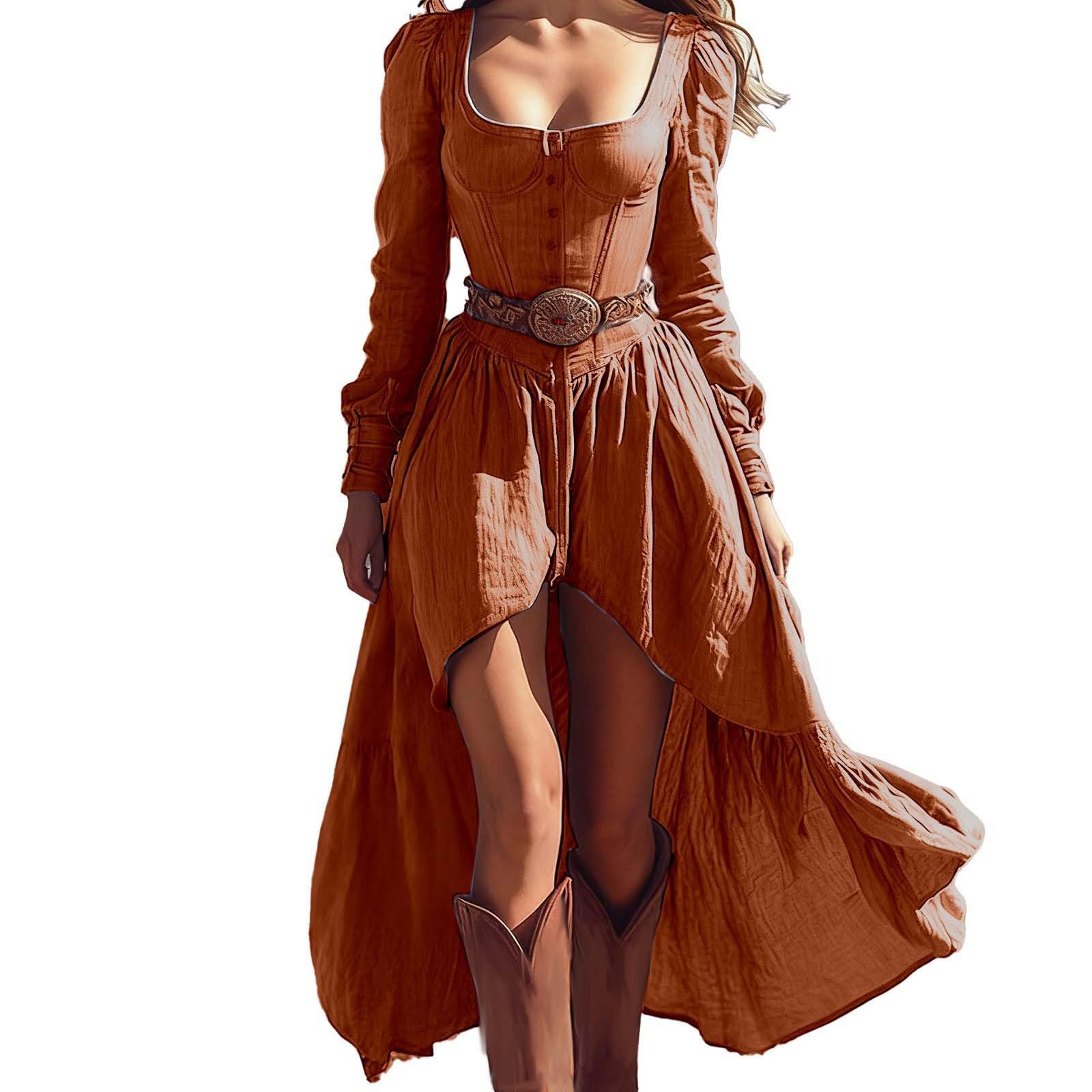 Womens Sexy Square Neck Long Sleeve Western Dress Fall Casual Asymmetrical Hem High Low Trendy Long Dresses