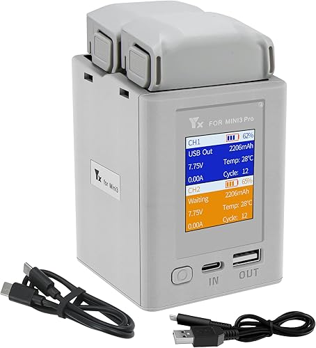 Hanatora Cargador de batería LCD para DJI Mini 3, Mini 3 Pro Drone, Hub de carga bidireccional, Pantalla de carga rápida Dos Baterías Accesorios