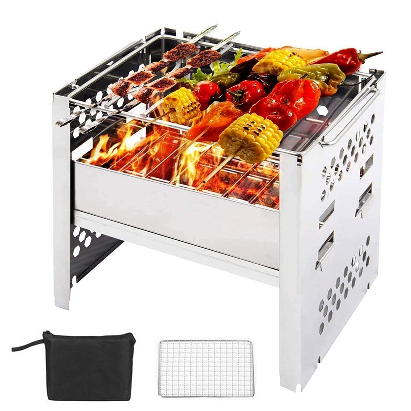 Przenośny grill ze stali nierdzewnej z wędzarką na węgiel drzewny, na kemping, piknik piesze wycieczki, impreza kuchenna, 7,8 x 6,1 x 7 cala