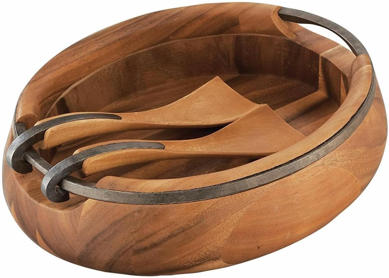 For Acacia Wood And Iron Finished Metal Anvil Salad Set With 14 Servers Brown