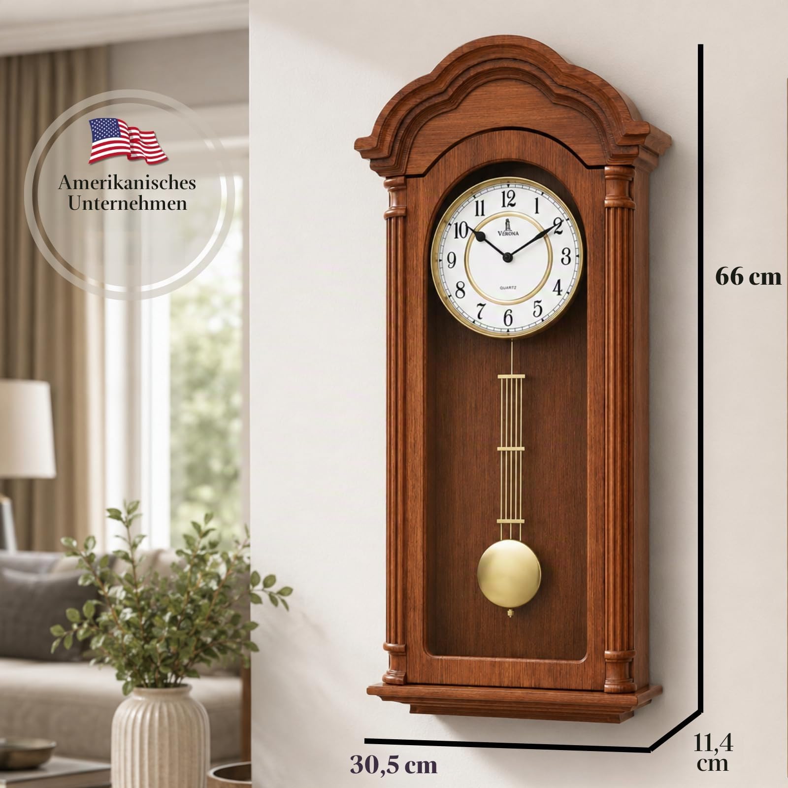 Pendel-Wanduhr, batteriebetrieben, groß, hölzerne hängende Großvater-Wanduhr mit Pendel, leise, hergestellt aus echtem Holz, für Wohnzimmer-Dekor, Büro und Heimdekoration, Geschenk, 66 x 30 cm | Uhr aus Massivholz, 66 x 30,5 cm, geräuschlos, batteriebetri