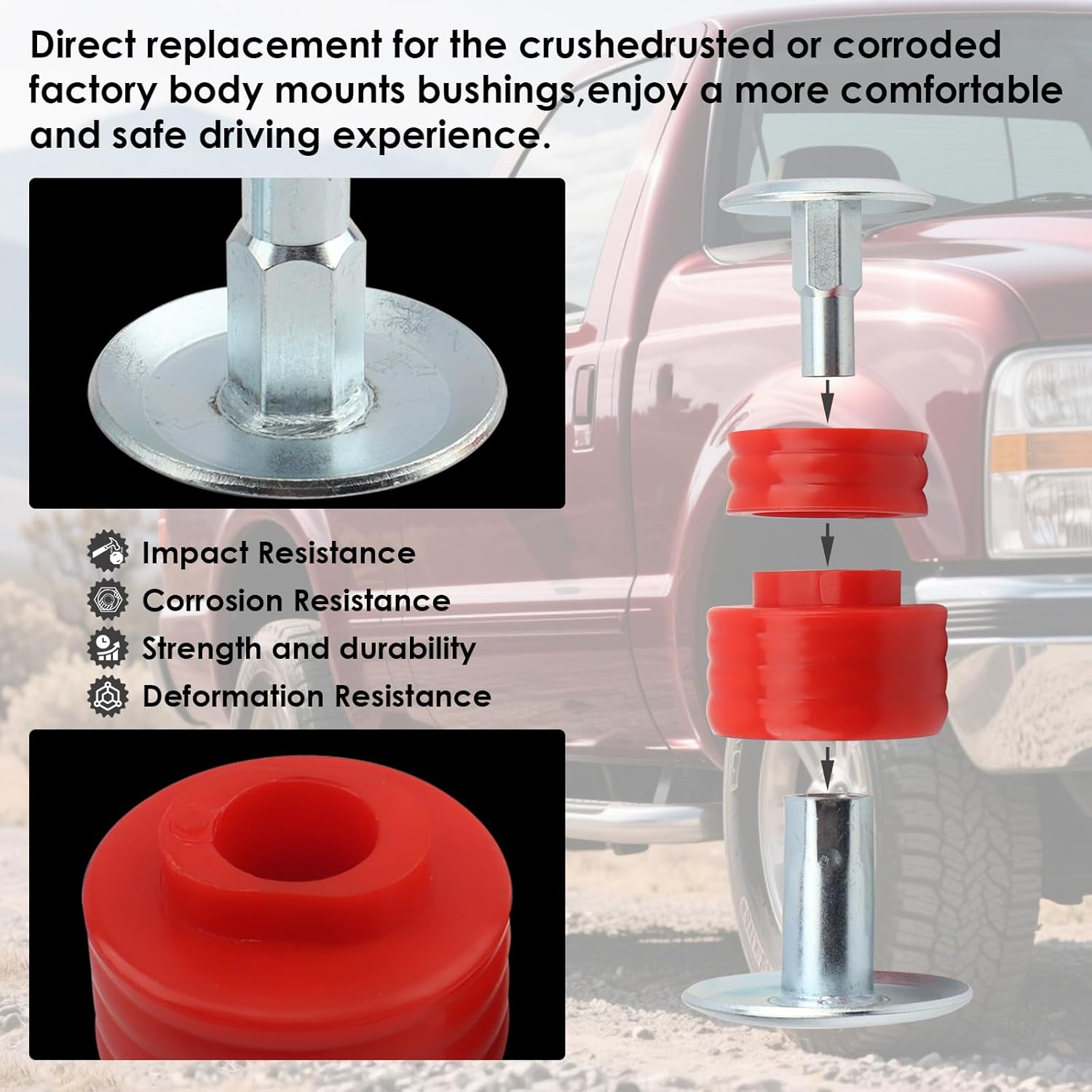 KF04058BK Body Cab Bushing Kits for 1999-2007 Ford F250 F350 Super Duty, Cab Bushings, Steel Sleeves & Hardware, red