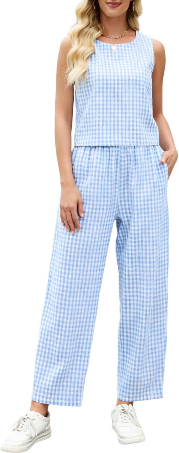 Tanming 2 Piece Sets for Women Summer Gingham Plaid Tank Top Crop Pants Travel Vacation Beach Lounge Sets