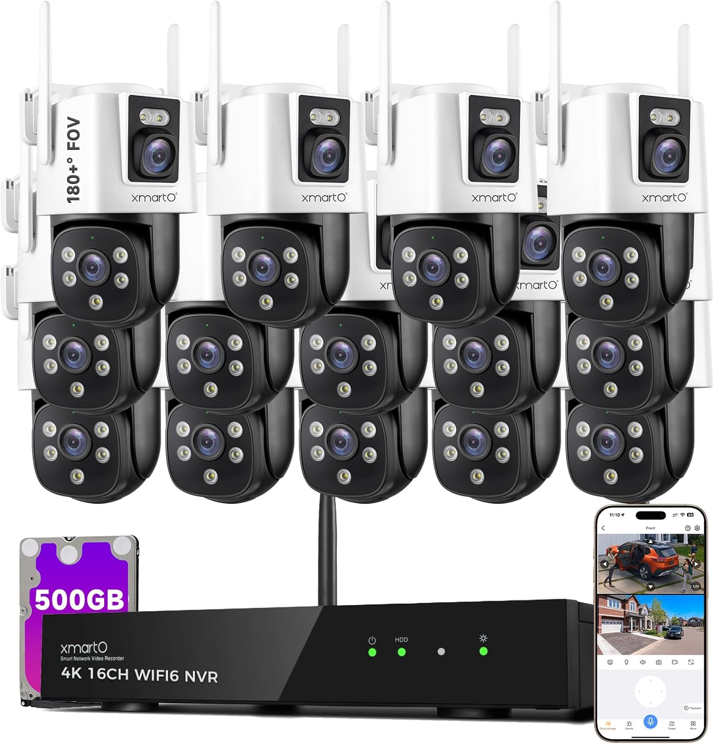 xmartO [14 Dual-Lens Camera Bundle 28-View Long Range WiFi6 Mesh Security System, 16CH 4K Dual Band NVR, 4MP 180°+Static FOV & 360°PTZ AI Tracking, 24/7 Plug-in Surveillance, 500GB HDD, No Monthly Fe