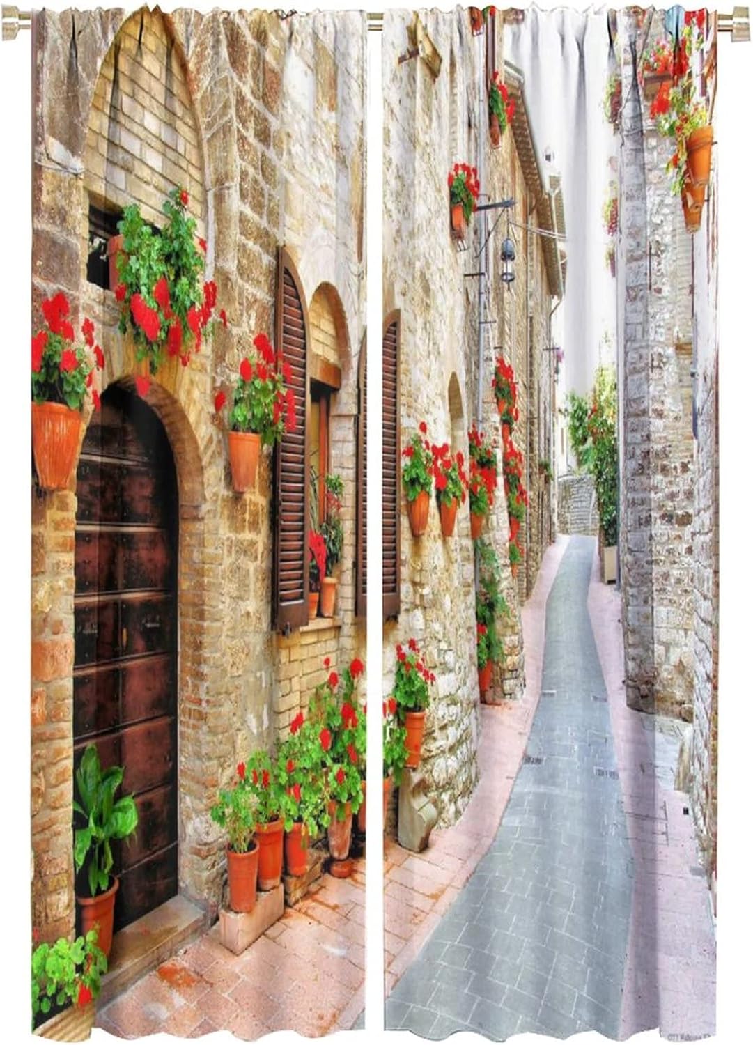 Italian Blackout Curtain,Romantic Flowers Street Rod Pocket Window Curtains,Small Town with Floral Porches Background Window Drapes for Woman Girl Bedroom Living Room Kitchen Office Decor 52x84 Inch