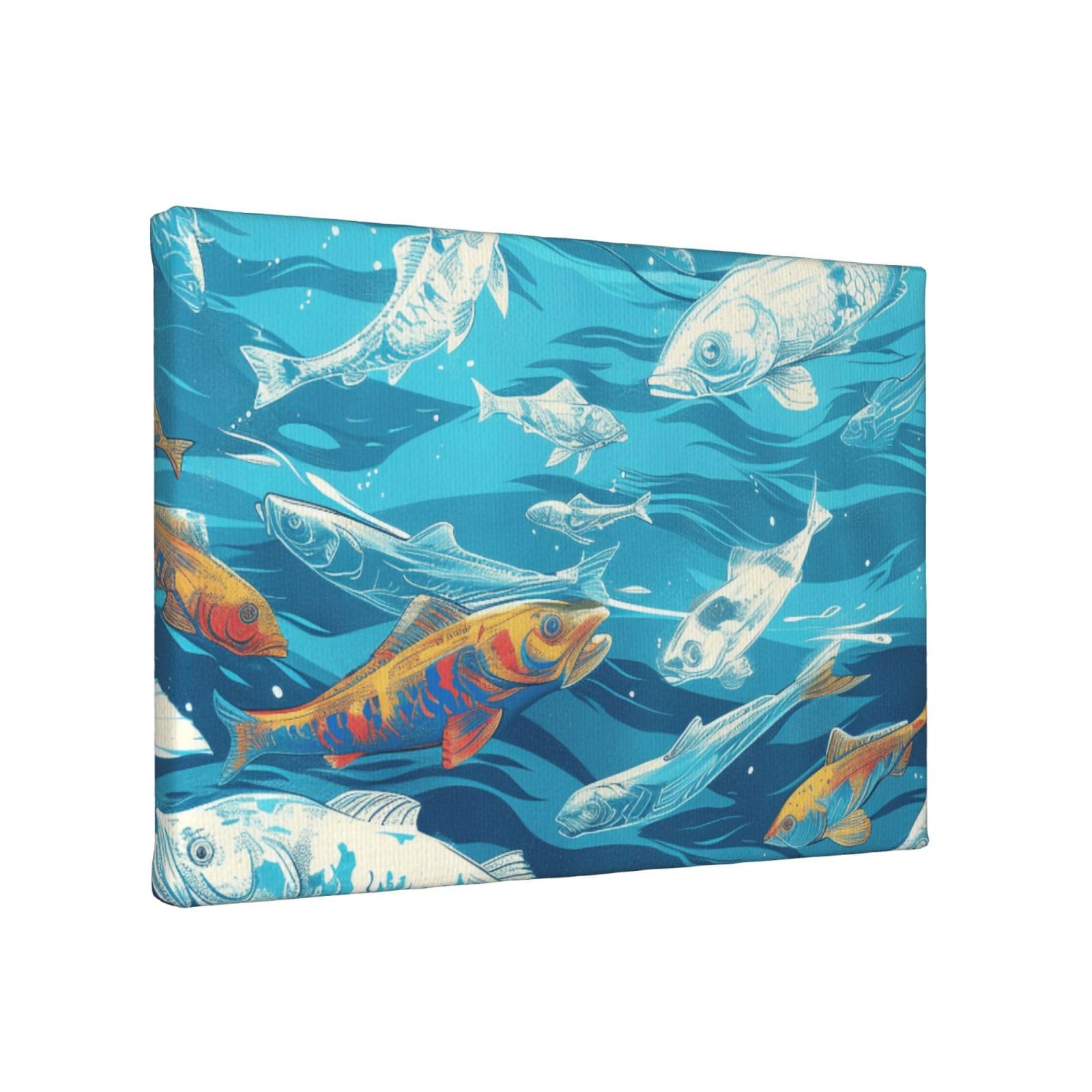 YKLJG Fishes Printed Wall Art Canvas Painting 30x20 CM Wooden Framed Picture Painting Artwork Prints for Bedroom Kitchen Home Office Decor