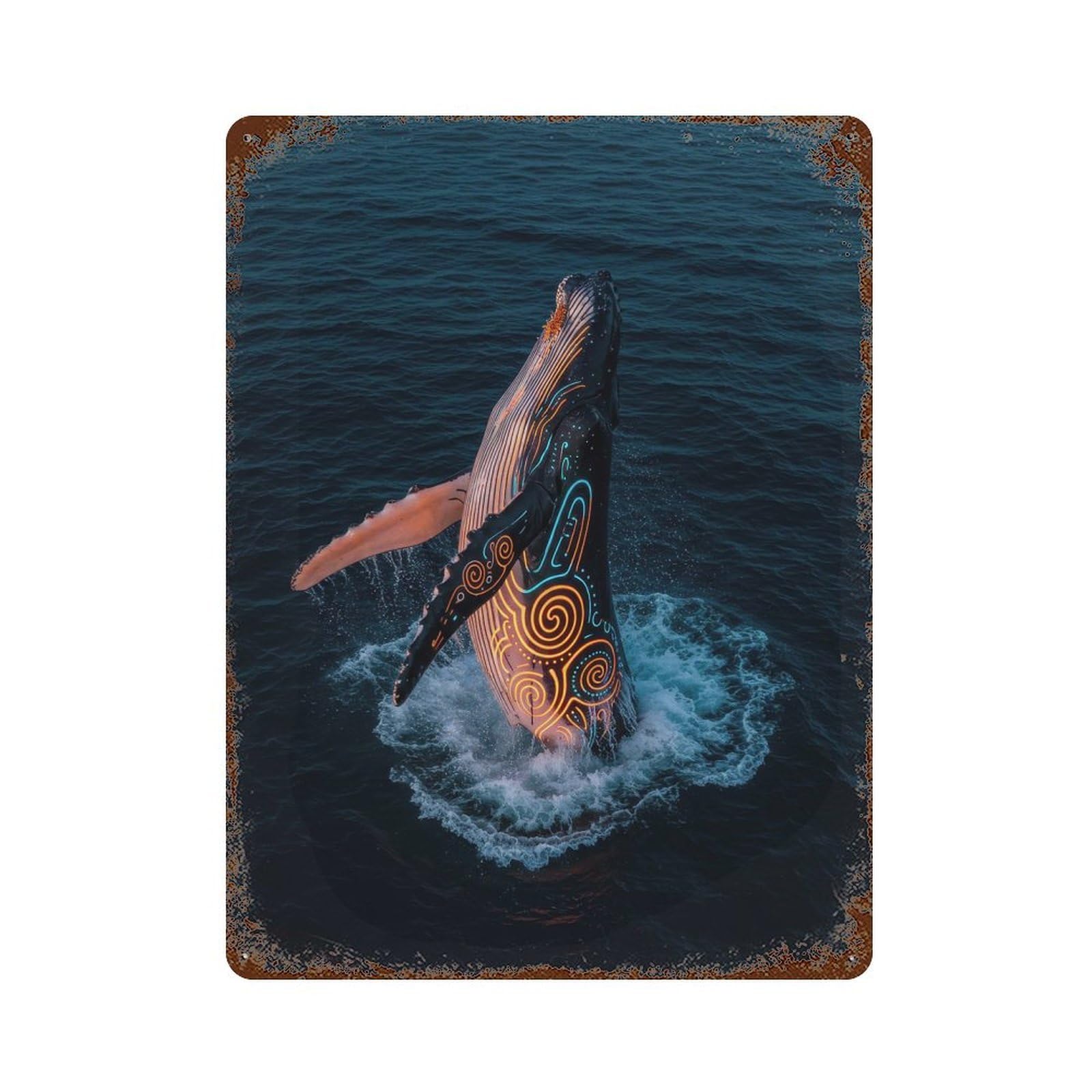 Glowing Whale Breaching Dark Ocean 15.7"x11.8" Rusty Metal Tin Sign, Shabby Chic Decor for Bistro, Counter And Cafe Decor