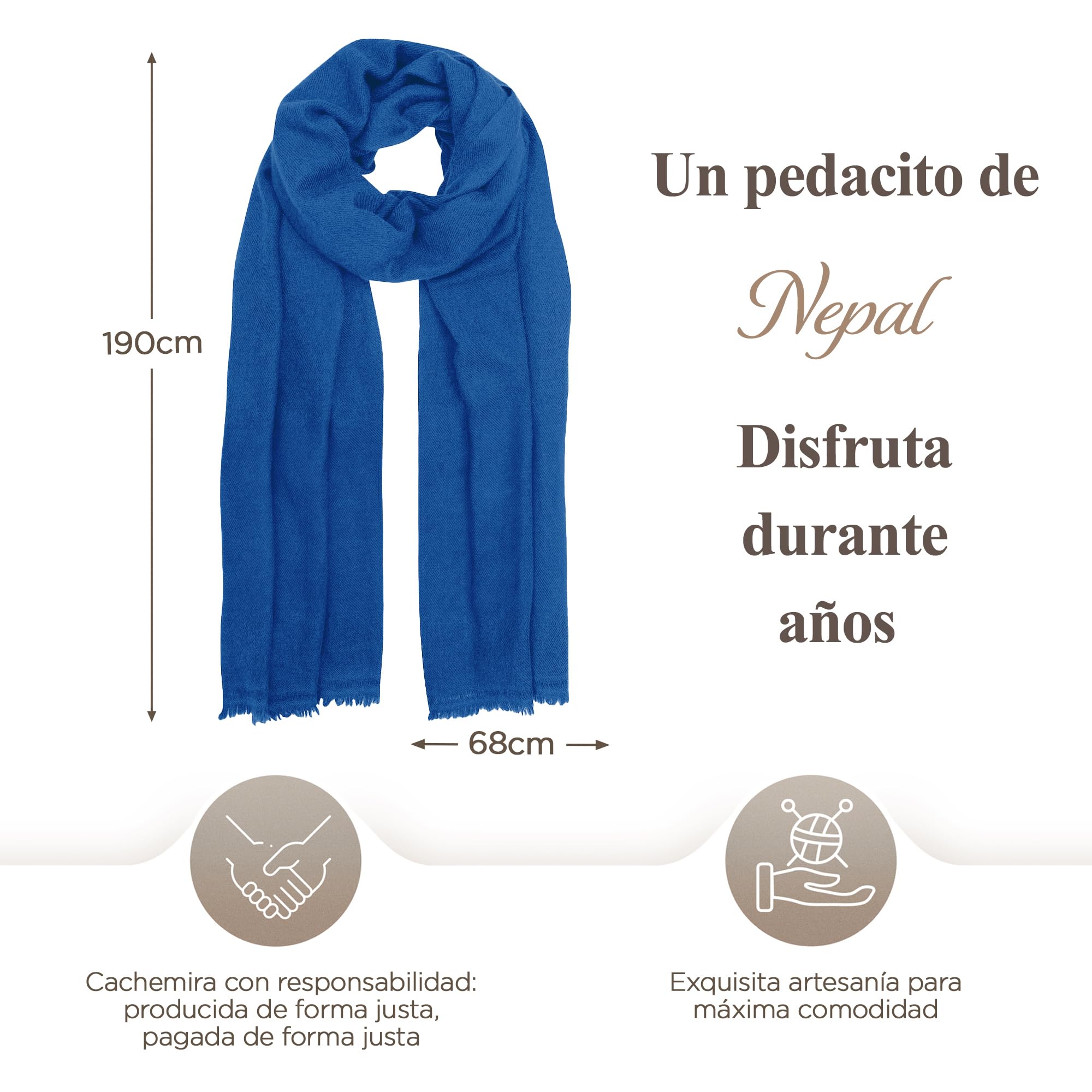 Bufanda de Cachemira - 100% Lana, 68x190 cm, Tejida a Mano en Nepal, Unisex, Monocolor, Lavado a Mano