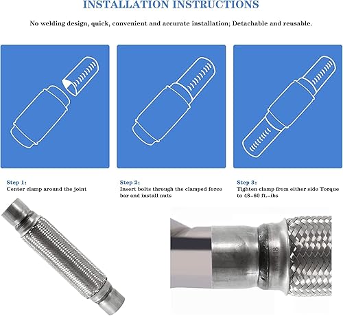 Miniatura 6 de RP Remarkable Power, RK7548 Tubo flexible de escape de 2.5 x 12 pulgadas, acero inoxidable resistente, 16 pulgadas, OL, paquete de 2