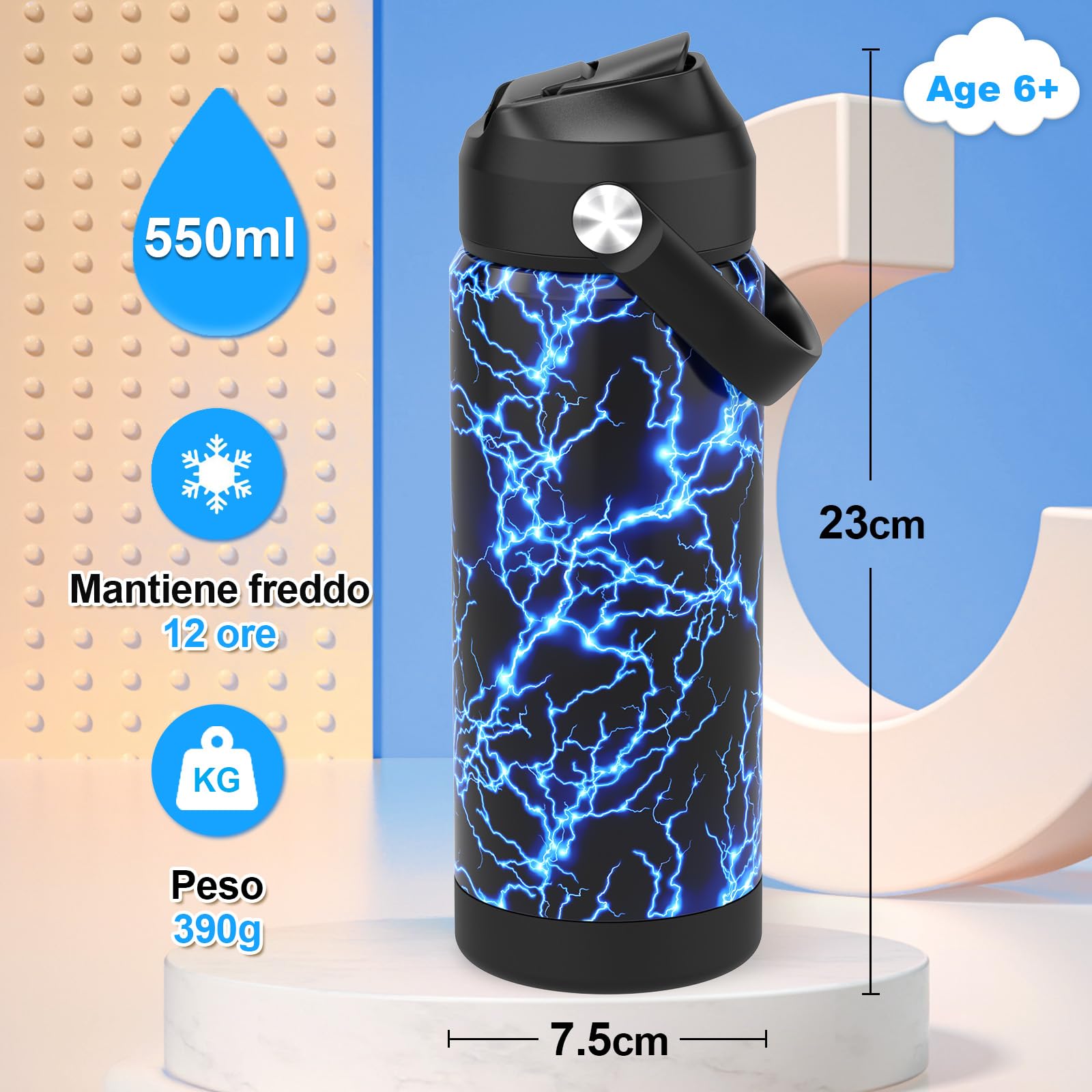 Borraccia Termica Bambini, In Acciaio Inox,550 Ml, Senza Bpa,bottiglia Acqua Con Cannuccia A Prova Di Perdite, Per Sport,Scuola palestra（Fulmine）