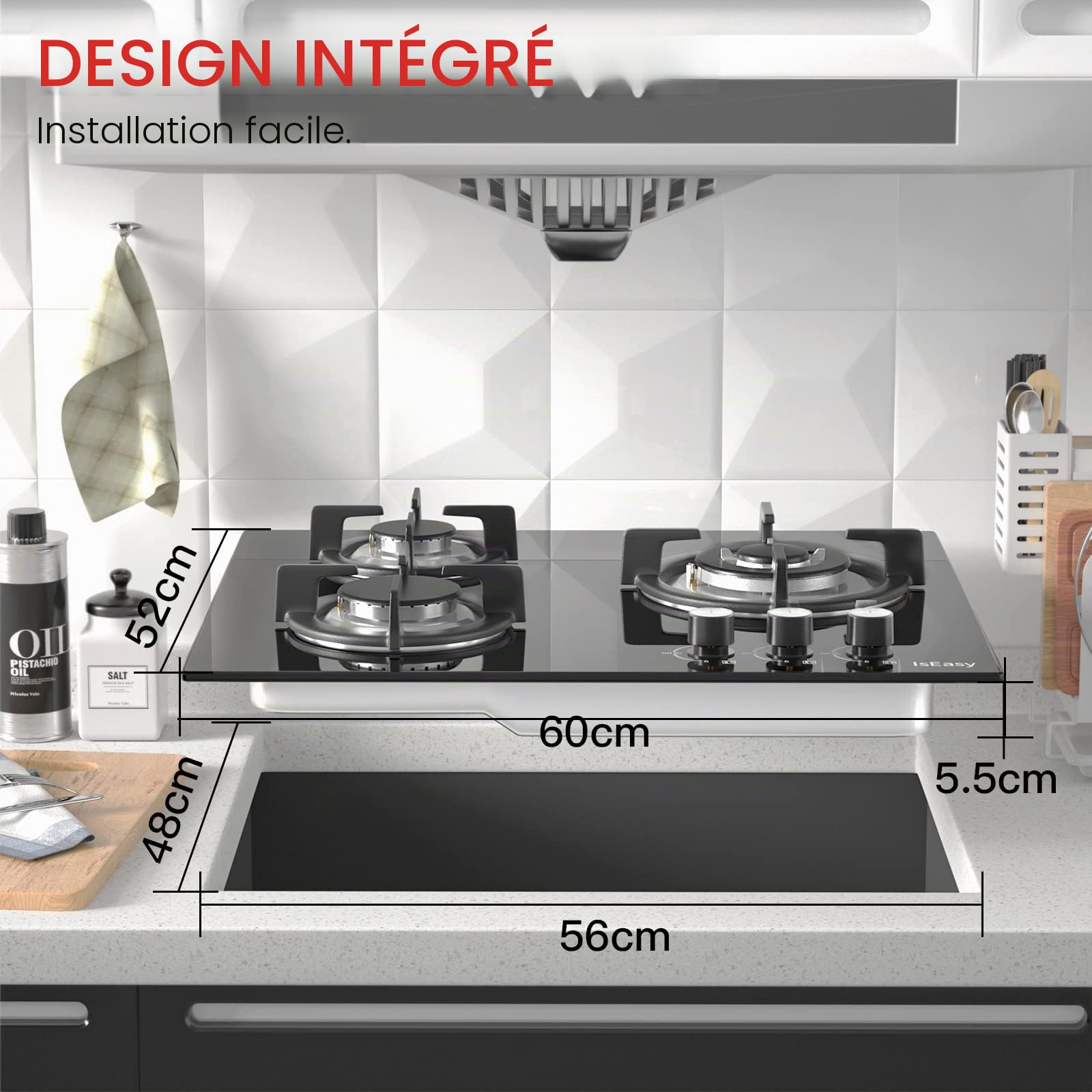 Plaque Gaz 3 Feux, Table de Cuisson 60cm Encastrable, Naturel/Propane
