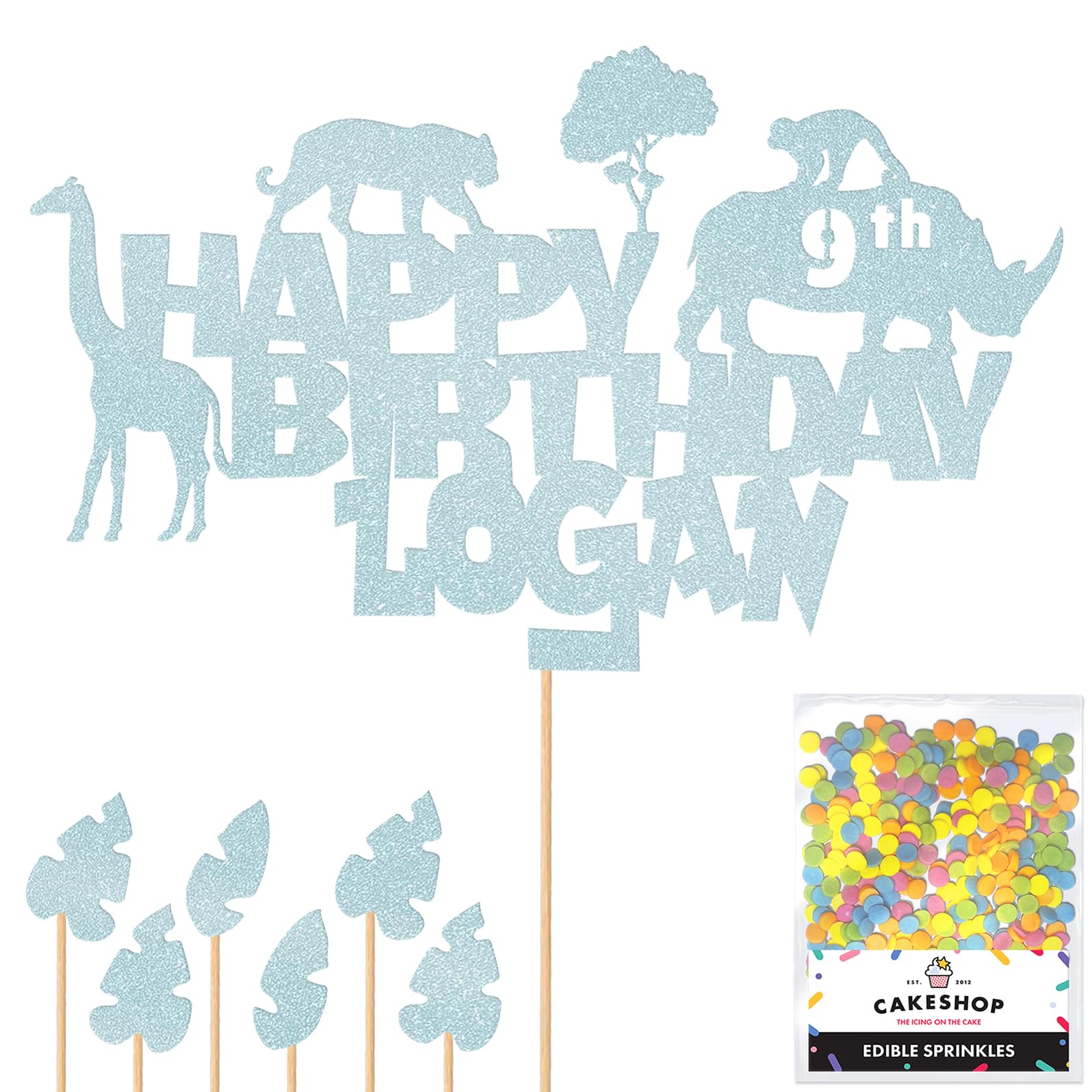 Personalised Jungle Animals Glitter Cake Topper Lt Blue Any Custom Age & Name Glitter Cake Decoration and Sprinkles - Happy Birthday Decorations - Personalised Toppers for Cakes by Cakeshop — image 1