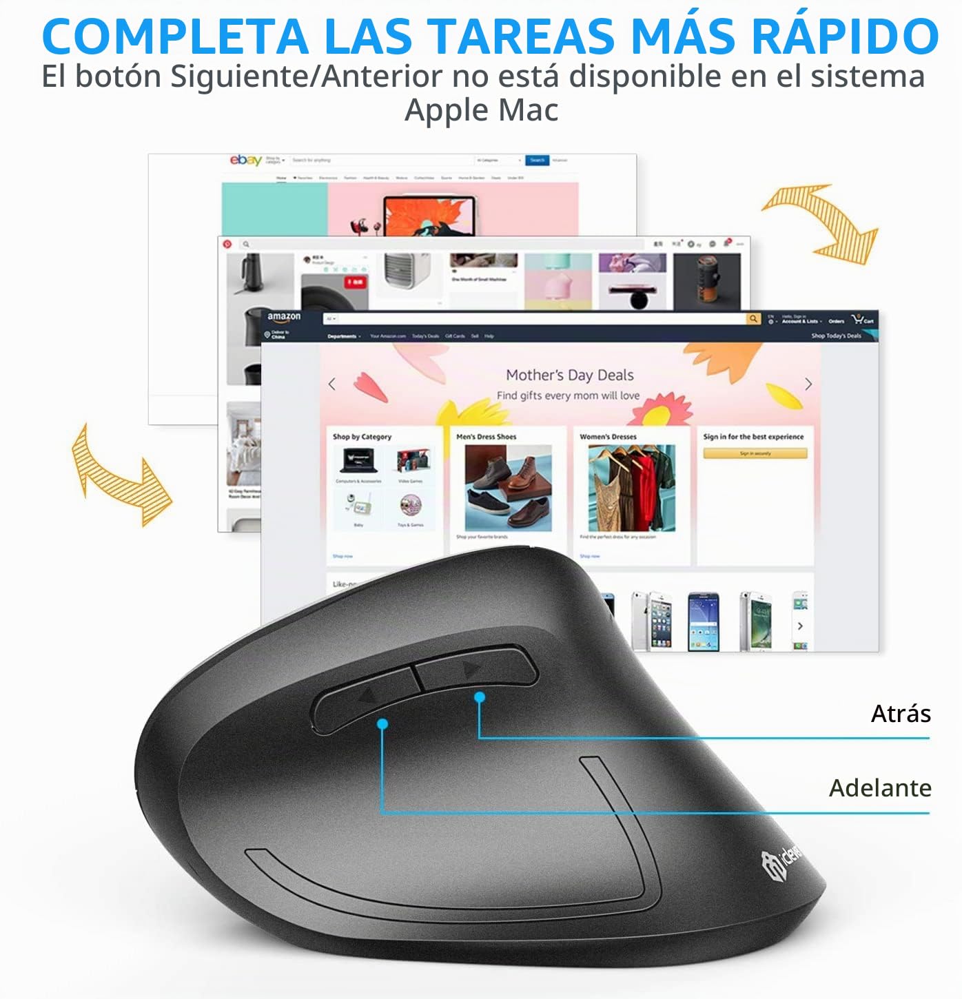 Ratón vertical - Ratón ergonómico inalámbrico 6 botones con DPI ajustable 1000/1600/2000/2400 Ratón ergonómico óptico de 2.4G para ordenador portátil, ordenador de escritorio, Mac, Windows, Mac OS