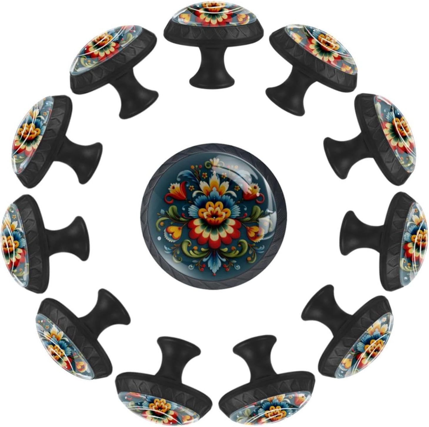 Black Base Norwegian Rosemaling Folk Style Flower (10) Daily Use Drawer Knobs, Pattern Cabinet Pulls for Furniture Upgrade