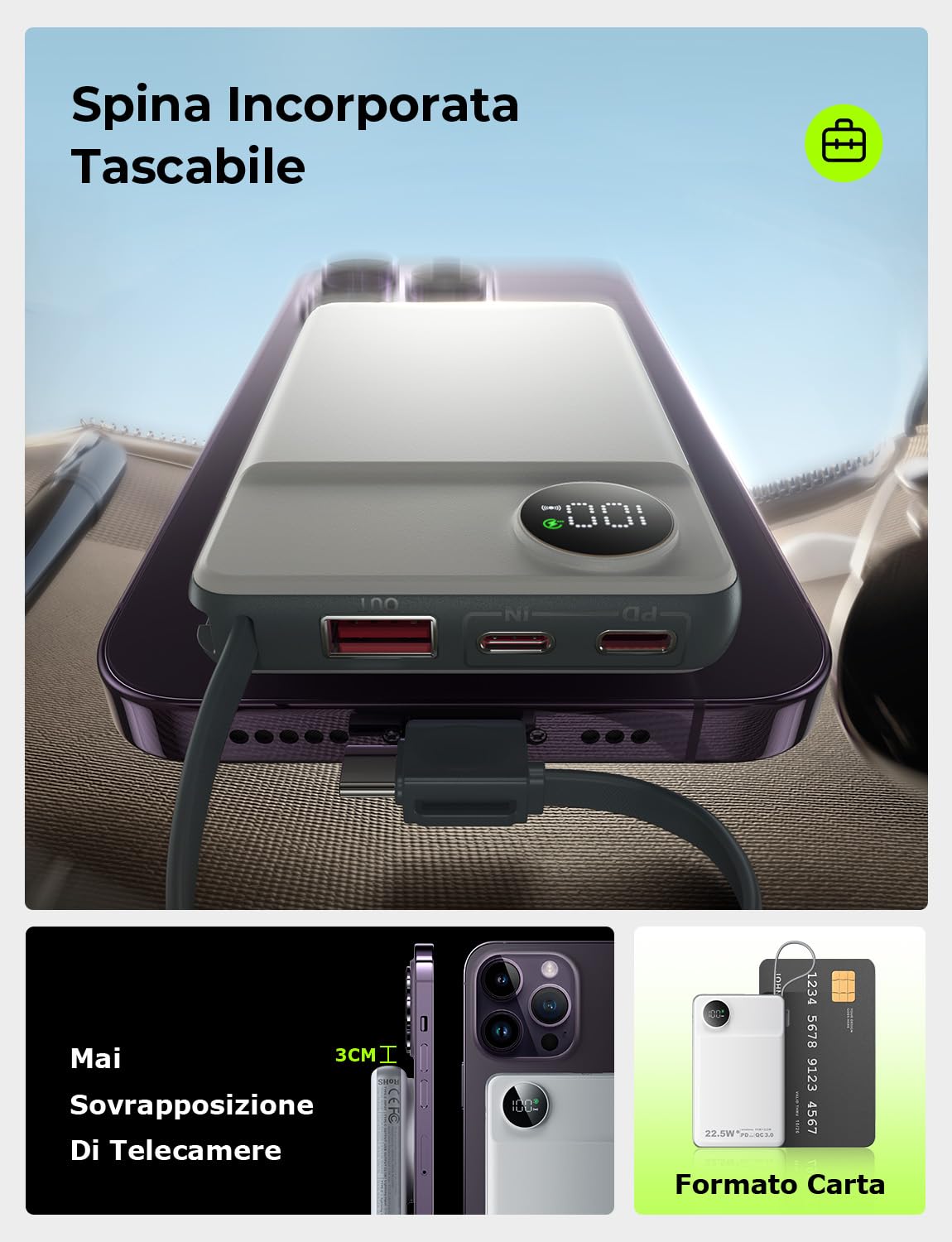 LISEN Power Bank per iPhone Magsafe, Power Bank magnetico wireless da 10000 mAh Cavo internazionale integrato per Power Bank Magsafe Ricarica rapida compatibile con iPhone 16 15 14 13 Watch