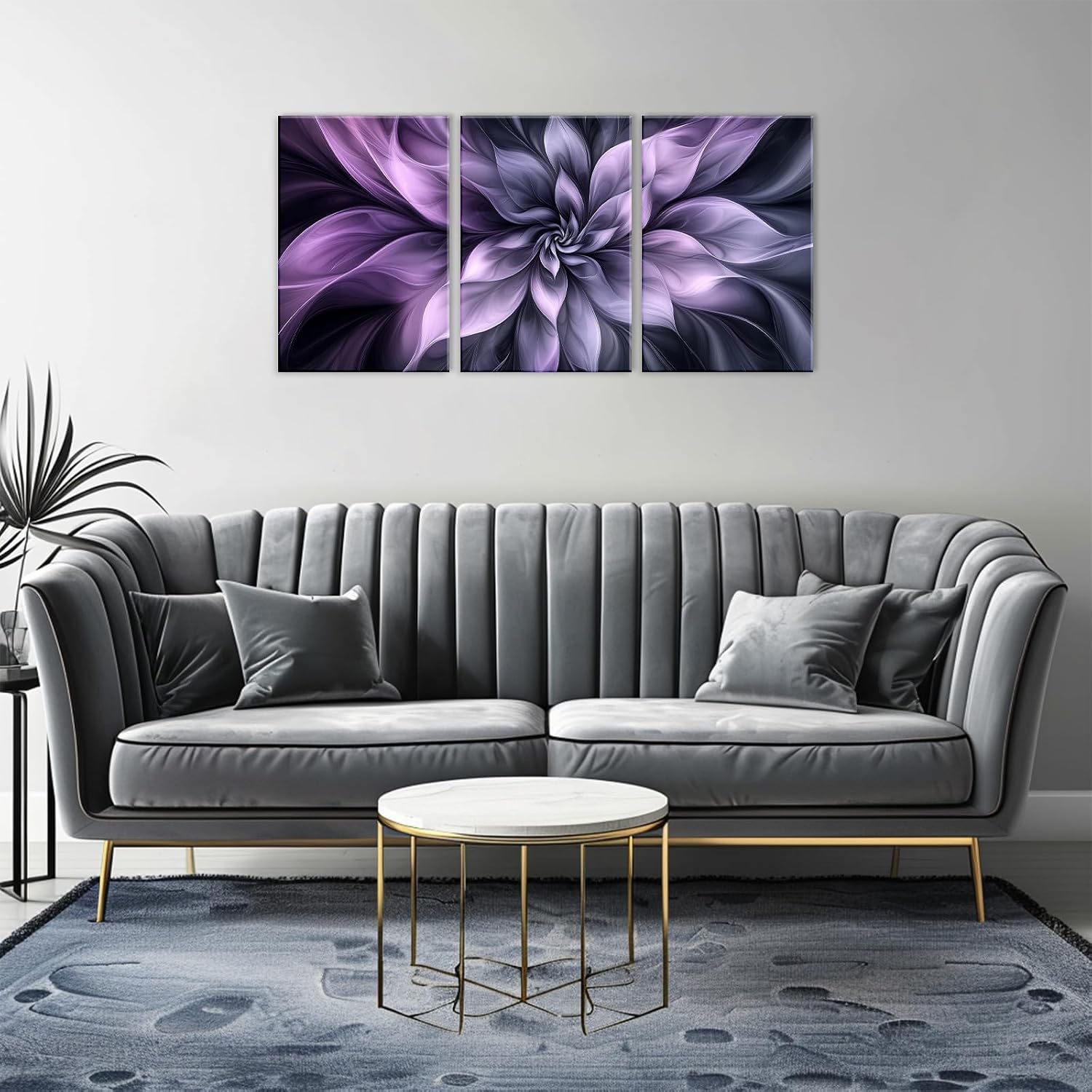 Flower Wall Art 3 Panel Abstract Black Purple Floral Picture Canvas Print Plant Botany Painting Stretched And Framed Home Decor Living Room Bedroom Decor(Artwork-1,11"x14"x3pcs)