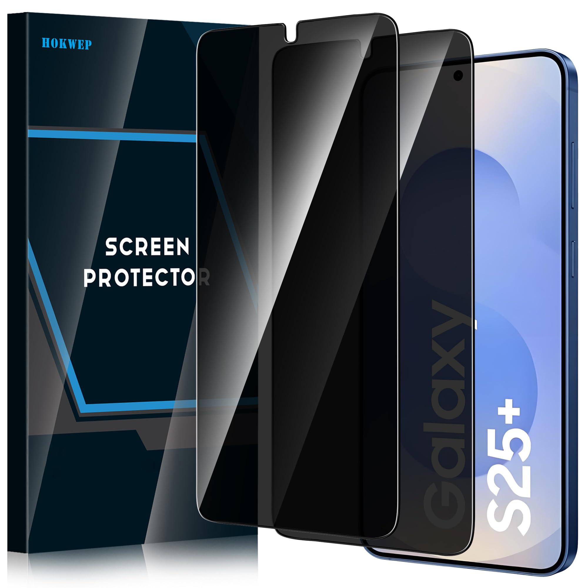 Hokwep [2 Pack] Galaxy S25 Plus Privacy Screen Protector, 9H Hardness/No Bubbles/[Support Fingerprint Unlock] Case Friendly Privacy Tempered Glass,