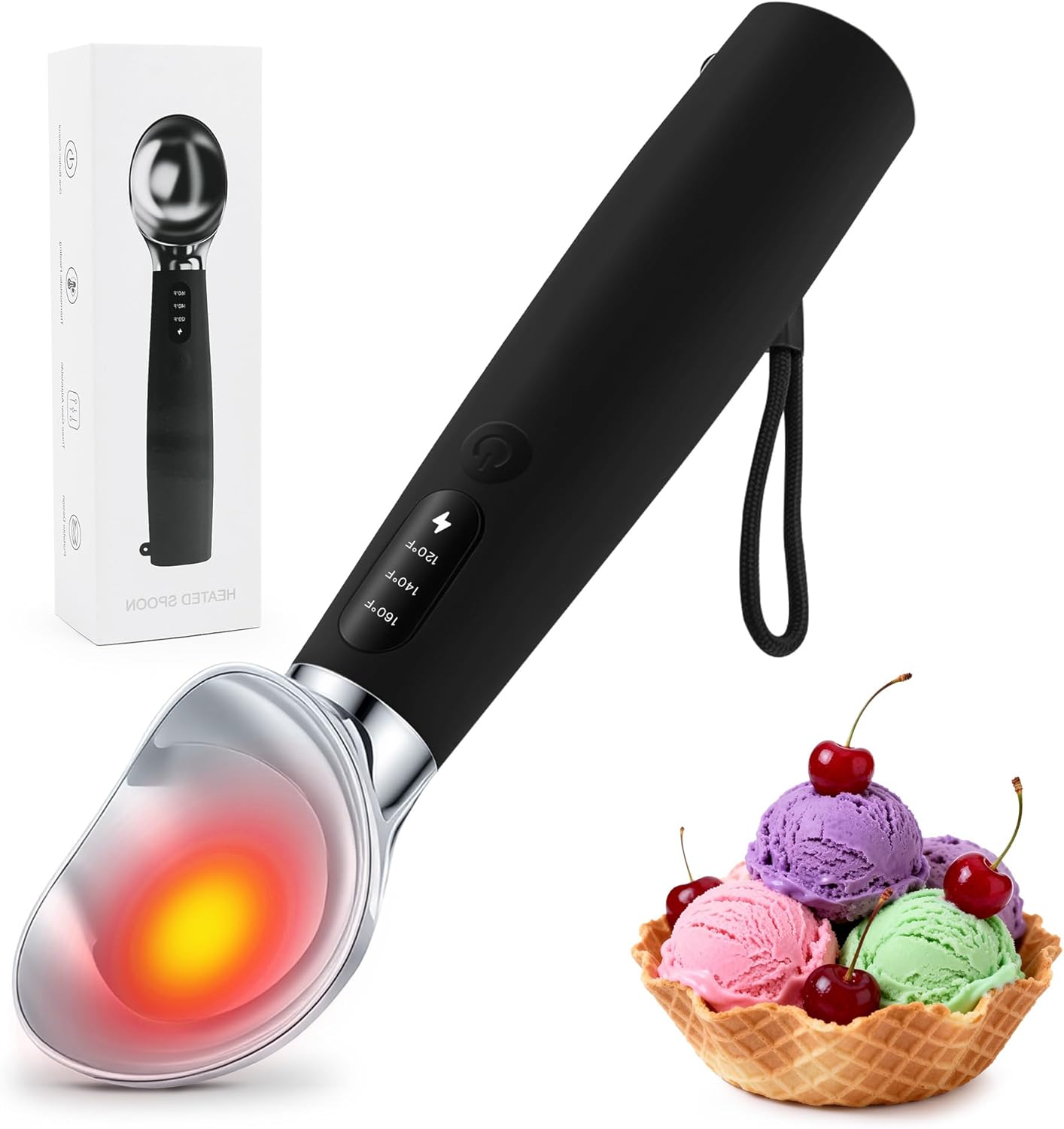 Electric Ice Cream Scoop, Heated Ice Cream Scoop Rechargeable with 3-Level Heat 120-160℉, LED Display, IP67, 2600mAh Battery, For Hardened Ice Cream, Gelato, Shop & Home Use