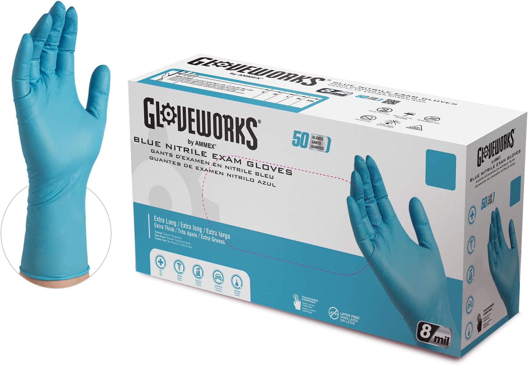 HD Medical Blue NitrileGloves - 8 mil, 12 inches Long, Latex Free, Powder Free, Textured, Disposable, Non-Sterile, Medium,GPNHD64100-BX, Box of 50
